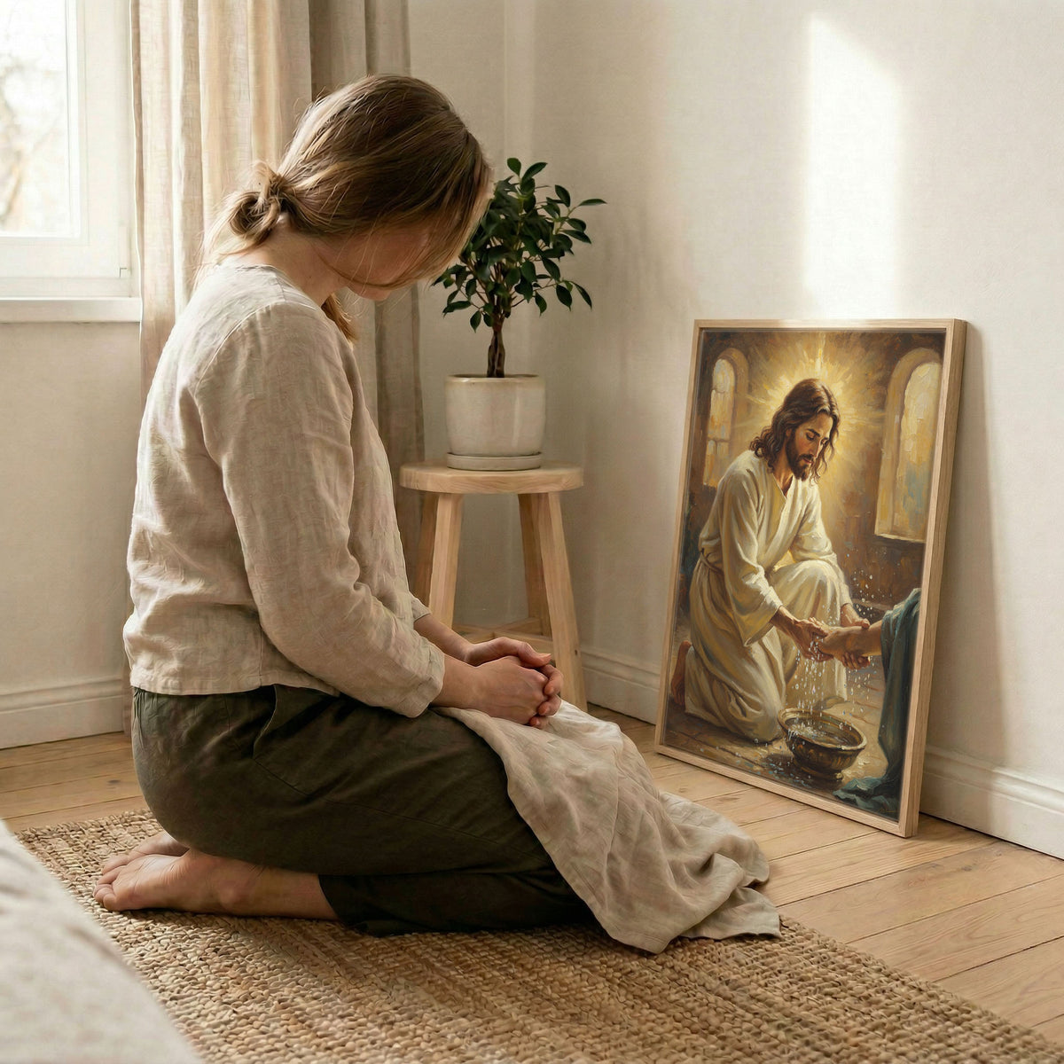 Woman kneeling in prayer beside Jesus washing feet canvas in wood frame with soft indoor natural light