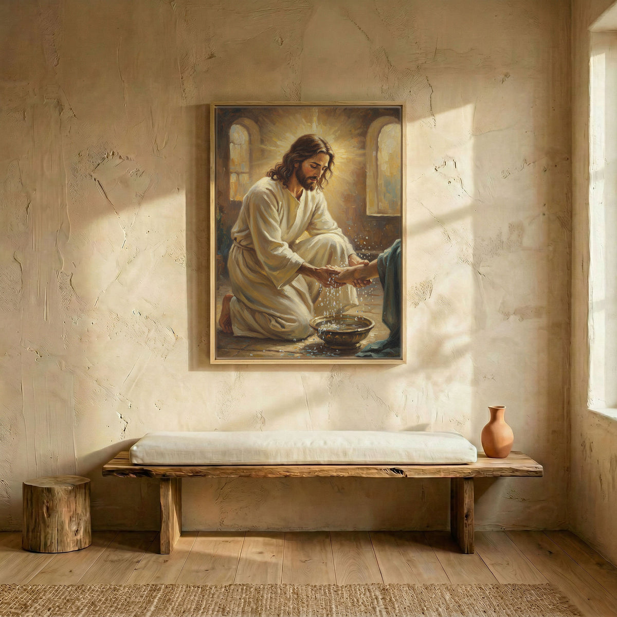 Jesus washing feet oil painting canvas in wood frame above rustic wooden bench in sunlit entryway