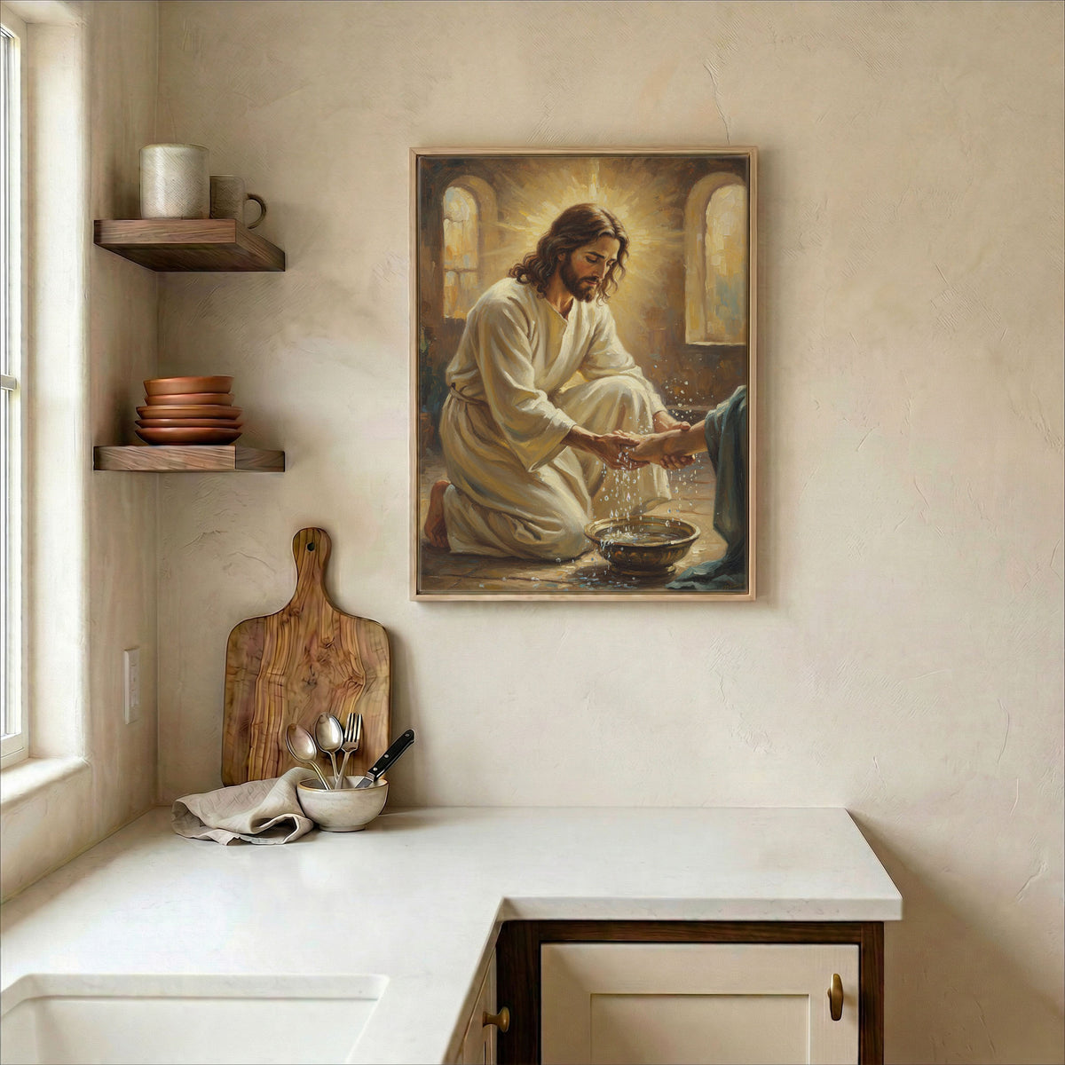 Jesus washing disciple feet canvas in wood frame on kitchen wall in warm neutral farmhouse setting