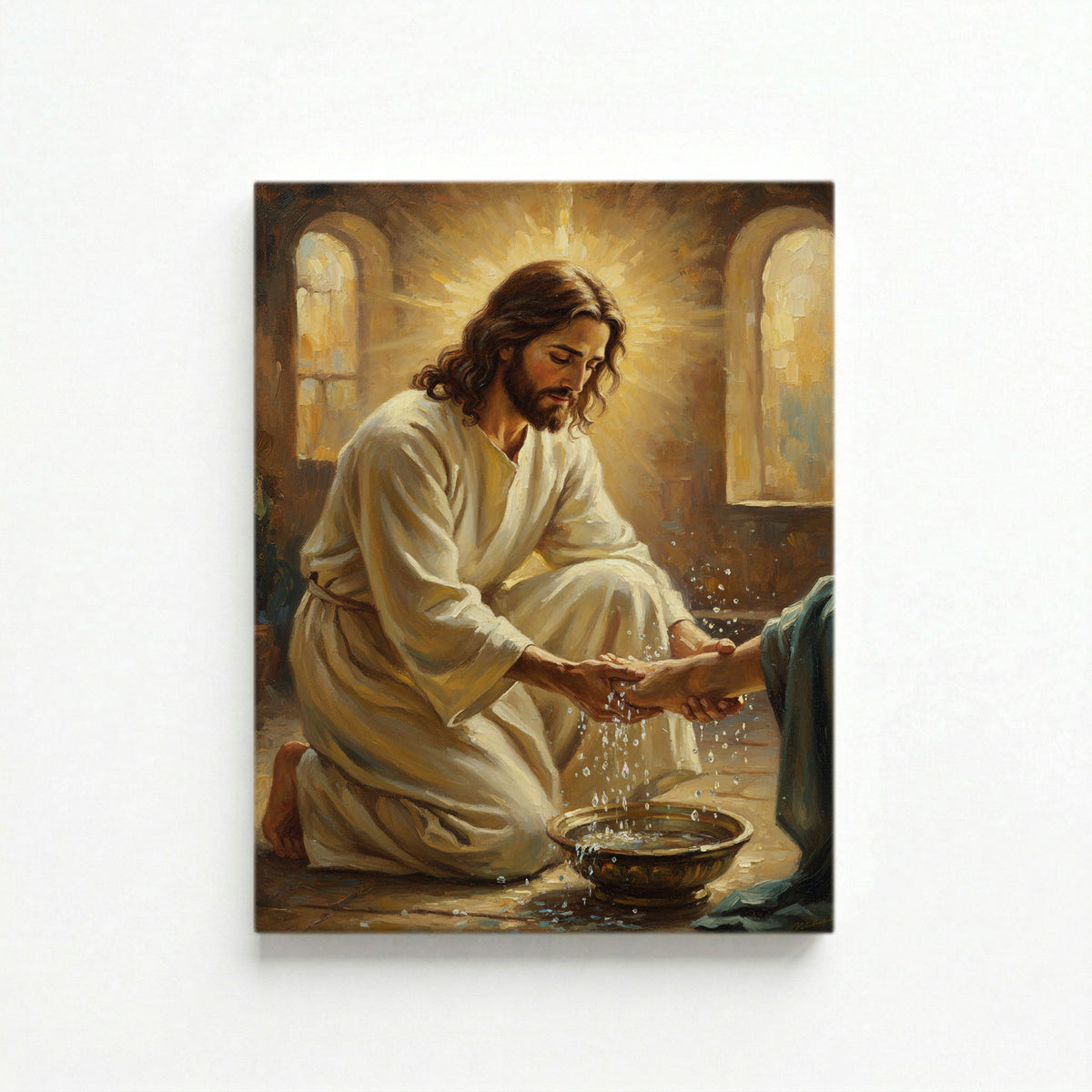 Vertical canvas of Jesus washing feet from John 13 oil painting on white background