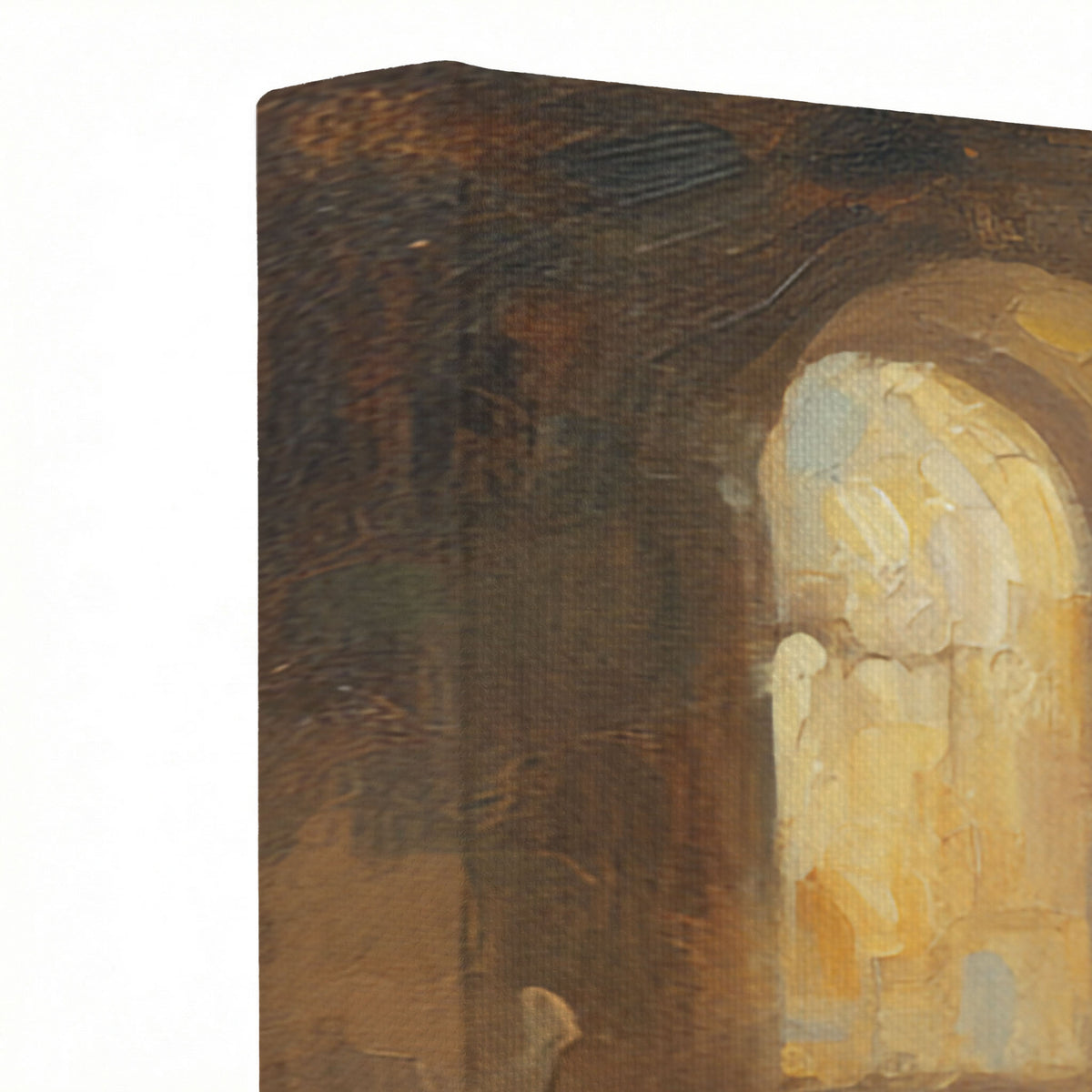 Close-up of Jesus washing feet canvas print showing thick oil painting texture and warm candlelight glow