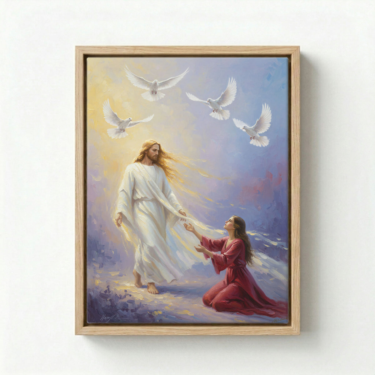Canvas in natural wood floating frame featuring Jesus and a woman in a red gown with doves