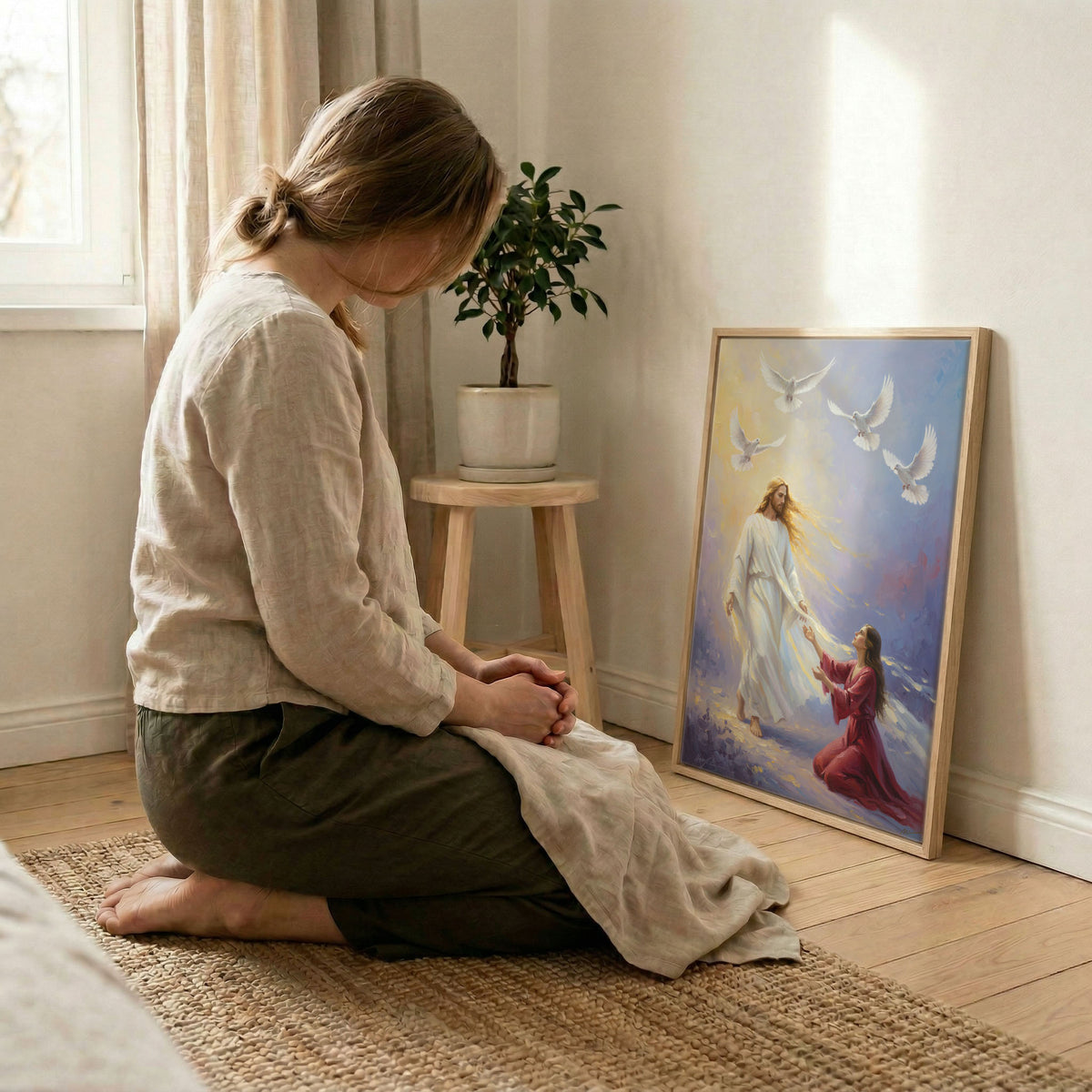 Woman kneeling in prayer beside Jesus and Holy Spirit dove canvas in wood frame with soft light