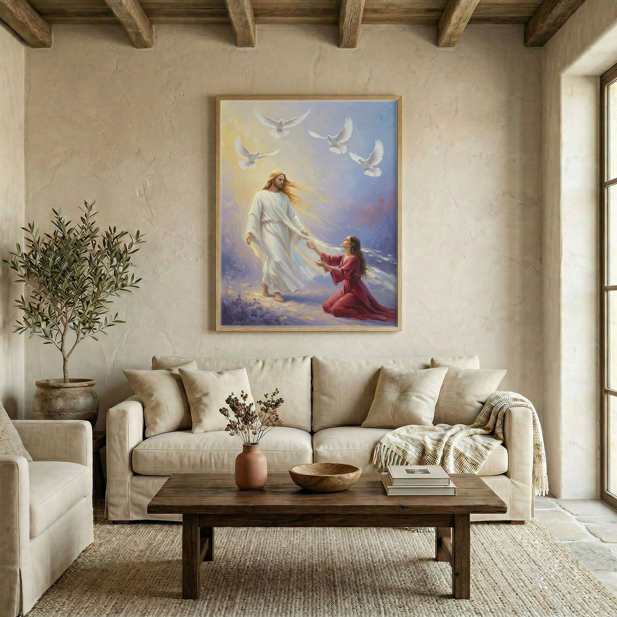 Large Jesus and woman with doves canvas in wood frame above linen sofa in warm living room