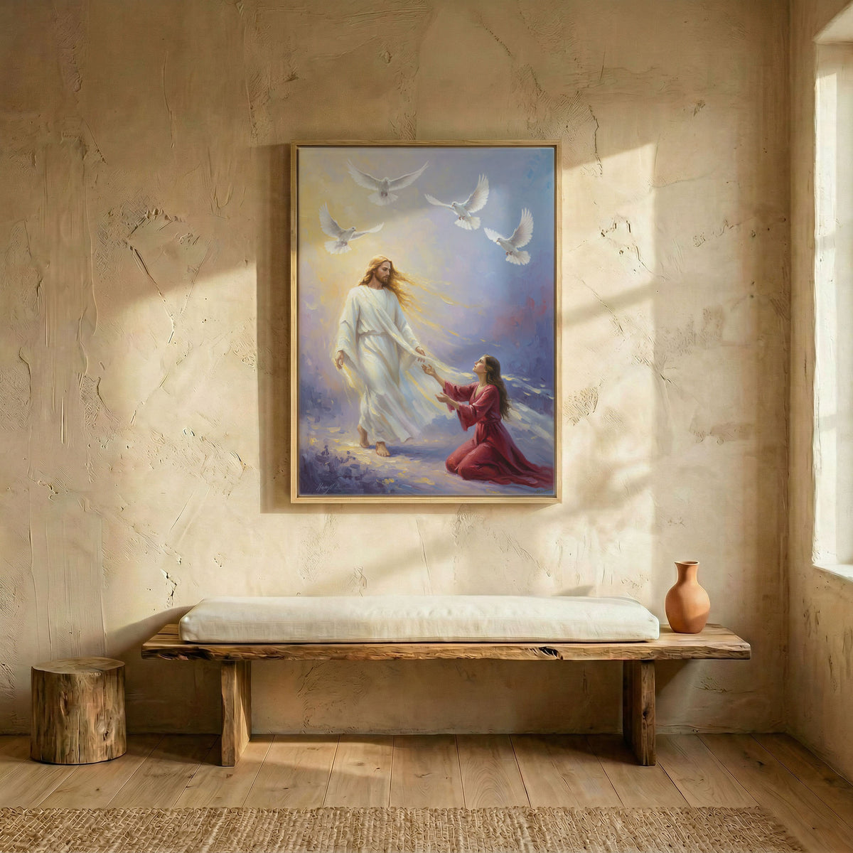 Jesus and woman oil painting canvas in wood frame above rustic wooden bench in sunlit entryway