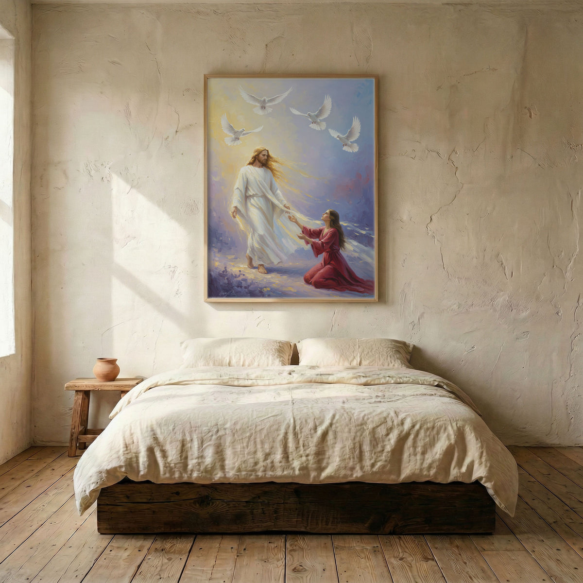 Jesus and woman religious canvas in wood frame mounted above linen platform bed in serene bedroom