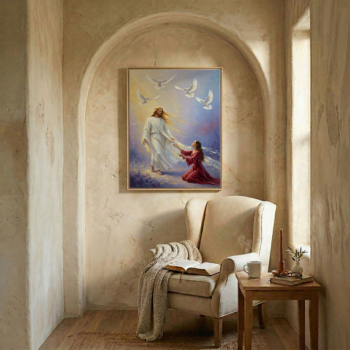 Jesus and woman art in wood frame in arched alcove above wingback chair with open Bible and candle