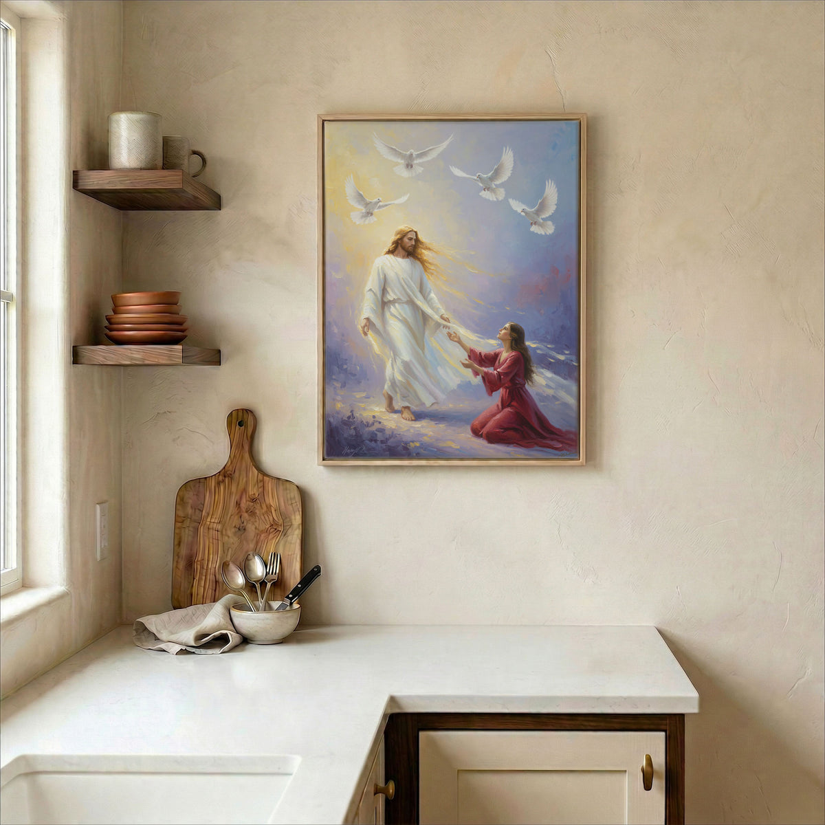 Jesus and woman canvas in wood frame on kitchen wall in warm neutral farmhouse interior