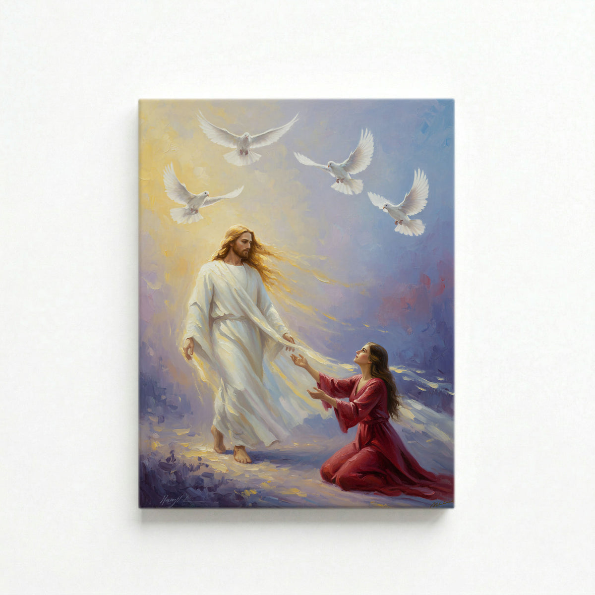 Vertical canvas of Jesus and a woman in a red gown with white doves on a white background