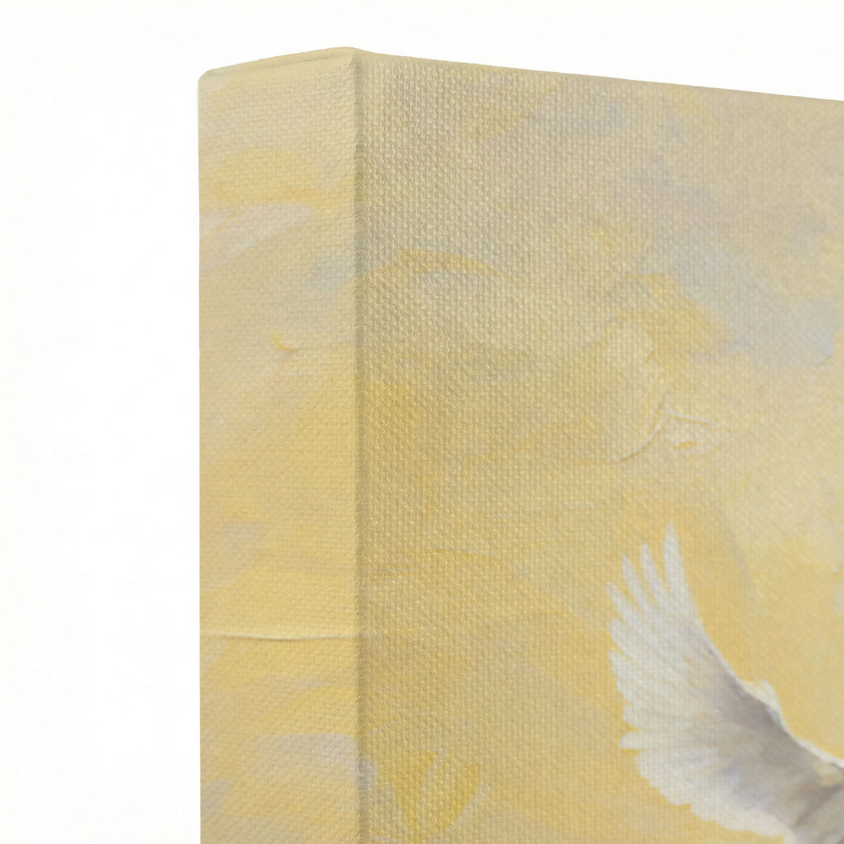 Close-up of Jesus and woman canvas print showing thick oil painting texture and white doves