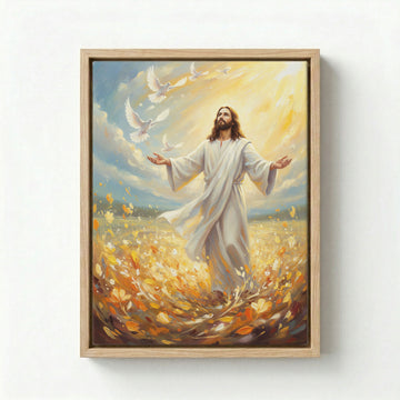Canvas in natural wood floating frame with Jesus releasing white doves in a golden flower field