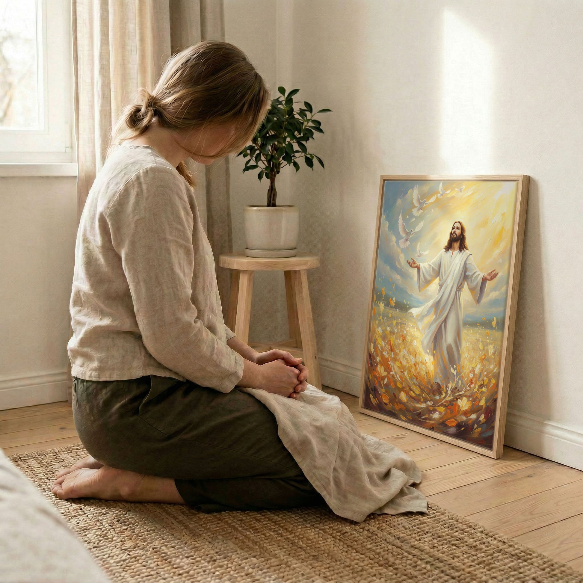 Woman kneeling in prayer beside Jesus releasing doves canvas in wood frame, soft indoor natural light