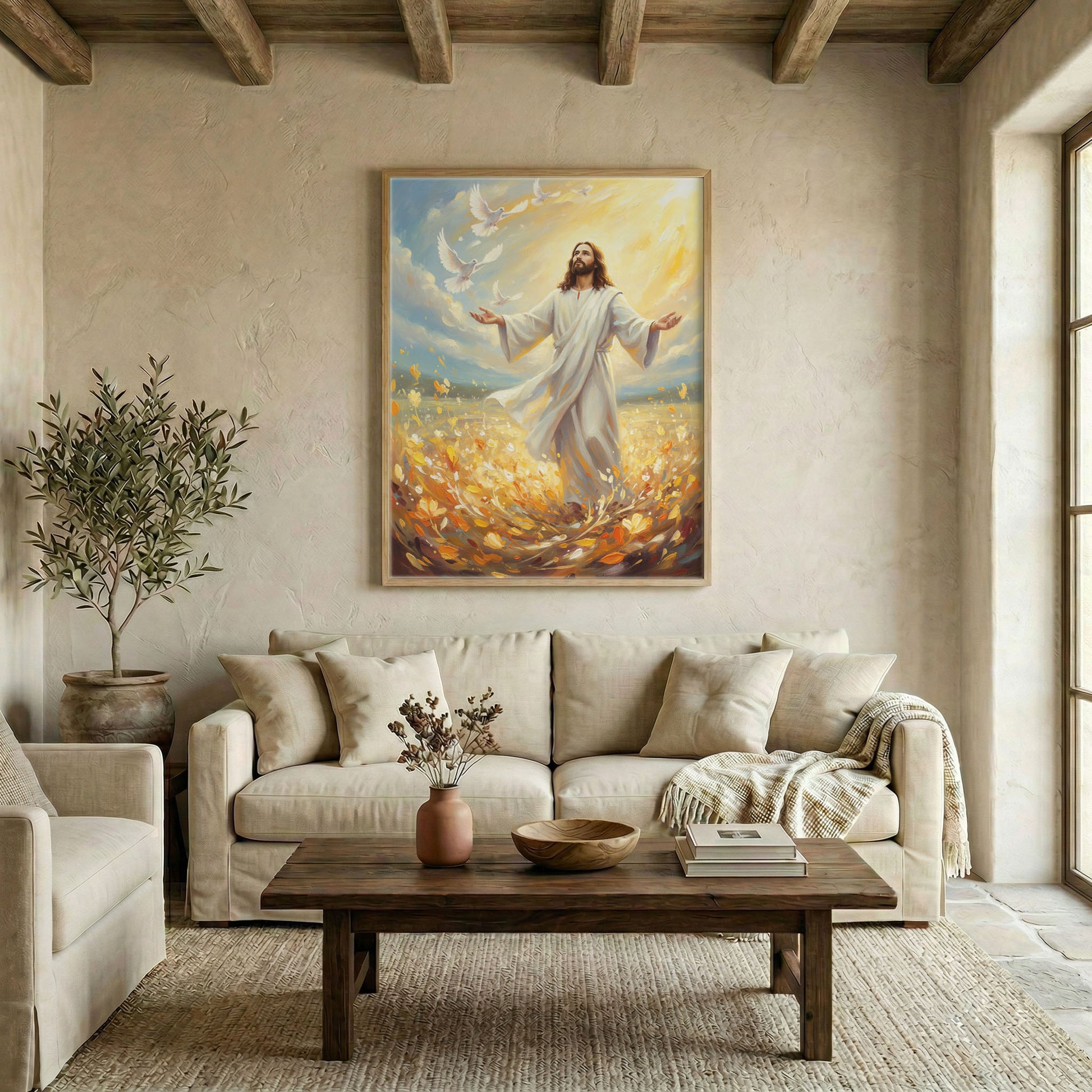 Large Jesus and Holy Spirit doves canvas in wood frame above linen sofa in warm neutral living room