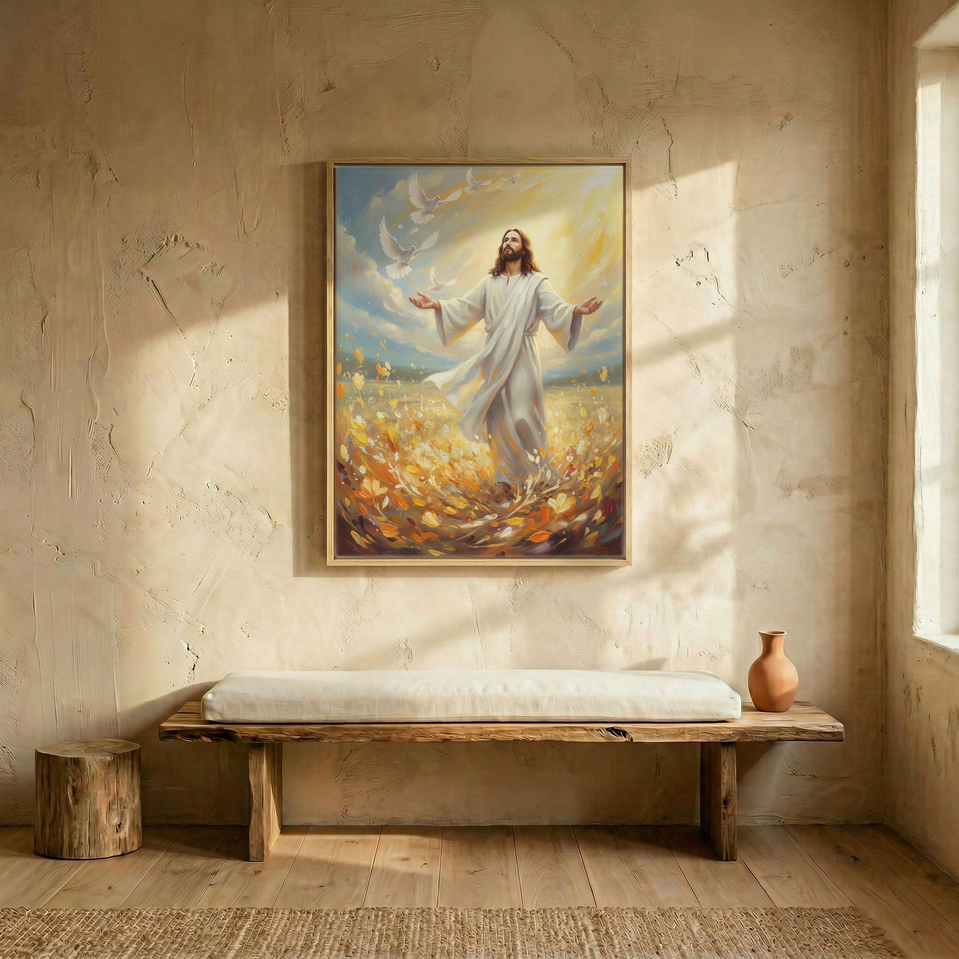 Jesus with open arms releasing doves canvas in wood frame above rustic wooden bench in sunlit entryway