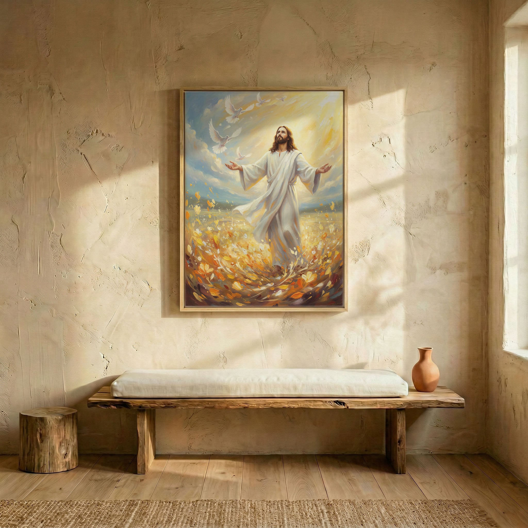 Jesus with open arms releasing doves canvas in wood frame above rustic wooden bench in sunlit entryway
