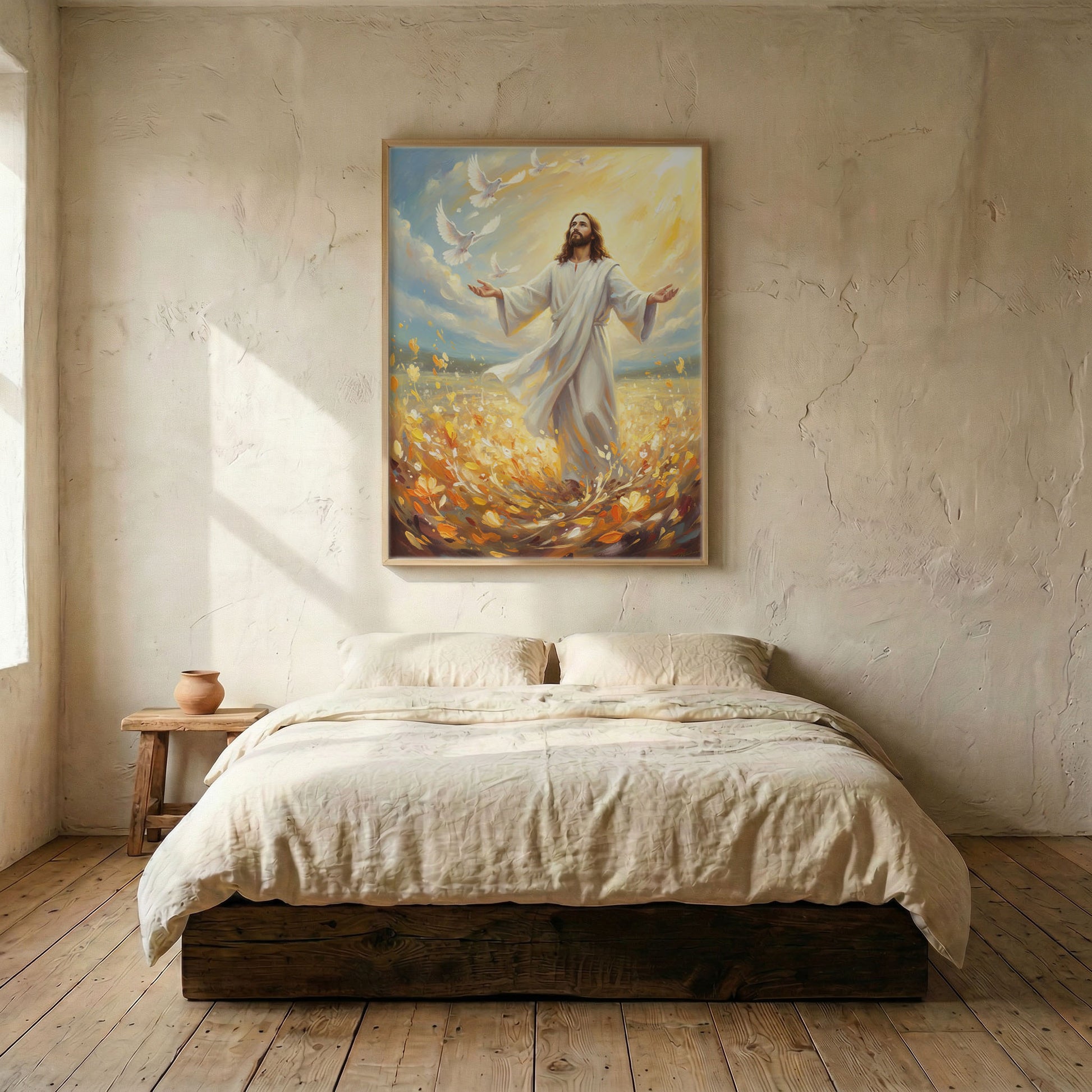 Jesus golden flower field and doves canvas in wood frame mounted above linen bed in serene bedroom