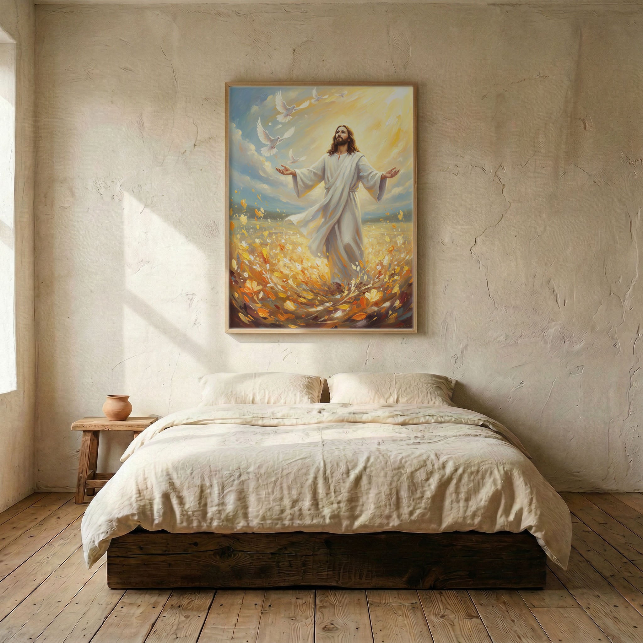 Jesus golden flower field and doves canvas in wood frame mounted above linen bed in serene bedroom