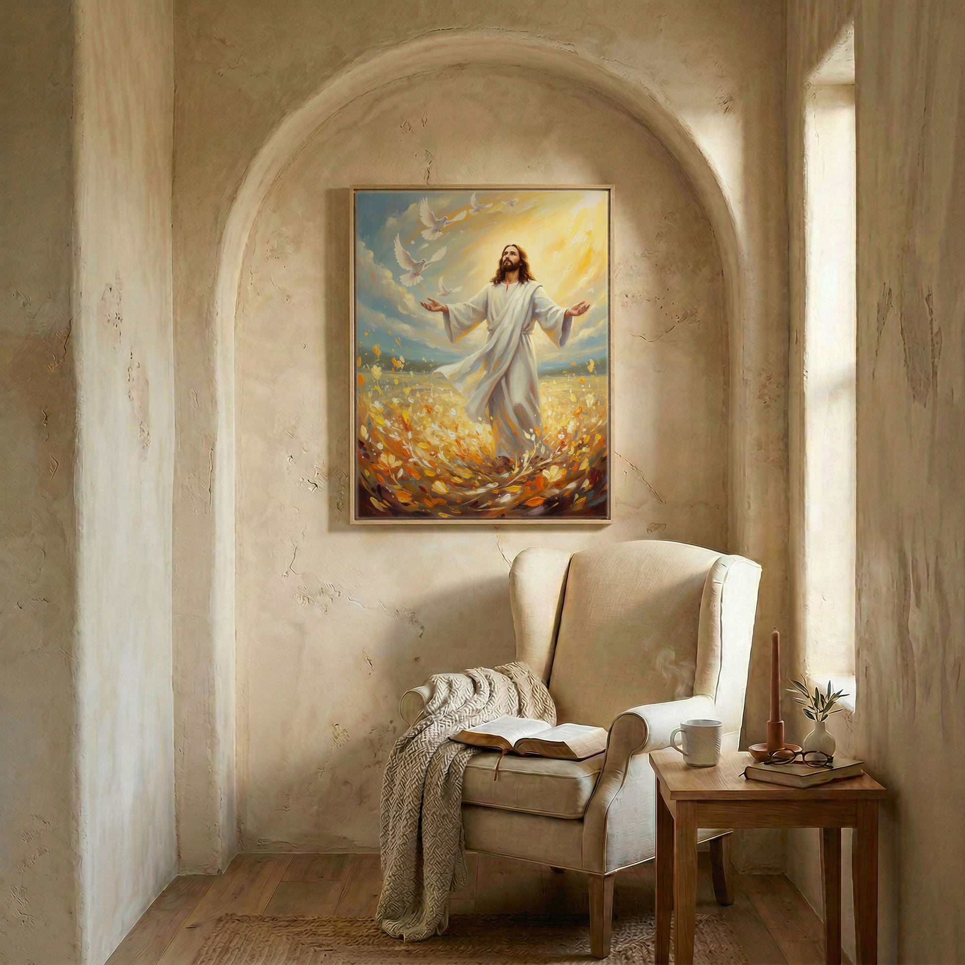 Jesus releasing white doves art in wood frame in arched alcove above wingback chair with open Bible