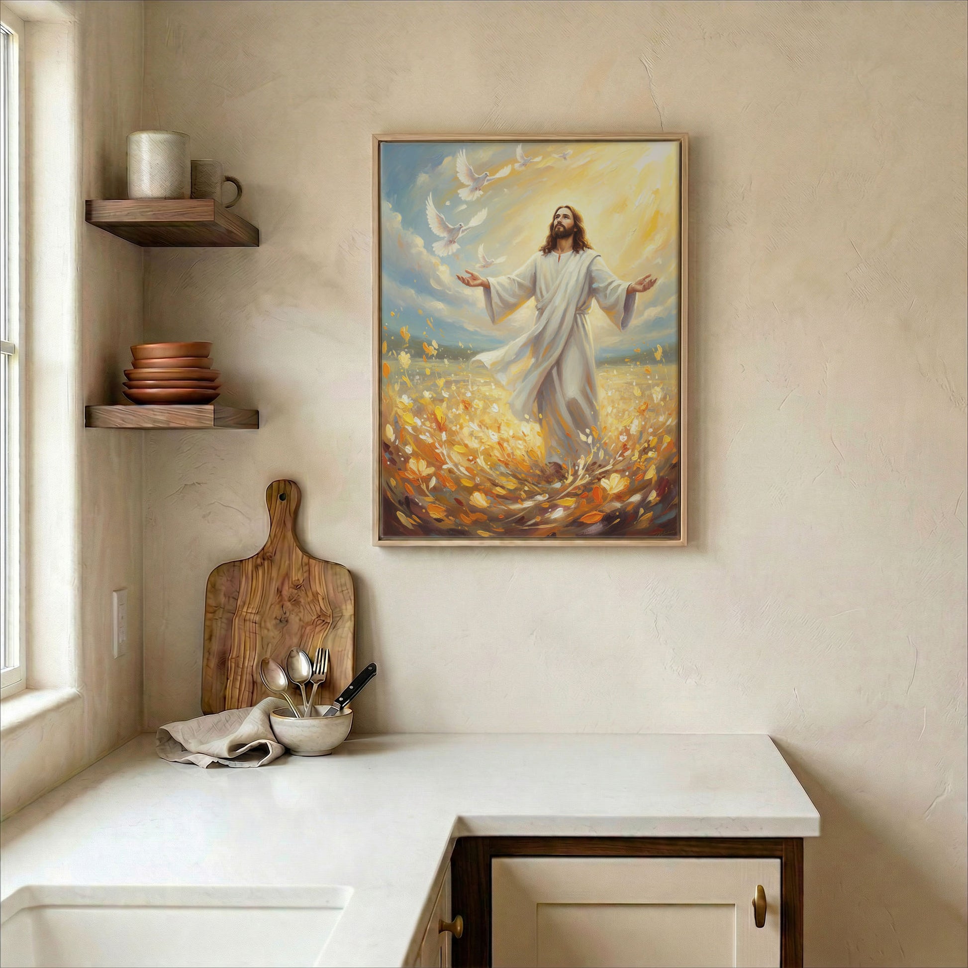 Jesus with doves in golden field canvas in wood frame on kitchen wall in warm neutral farmhouse
