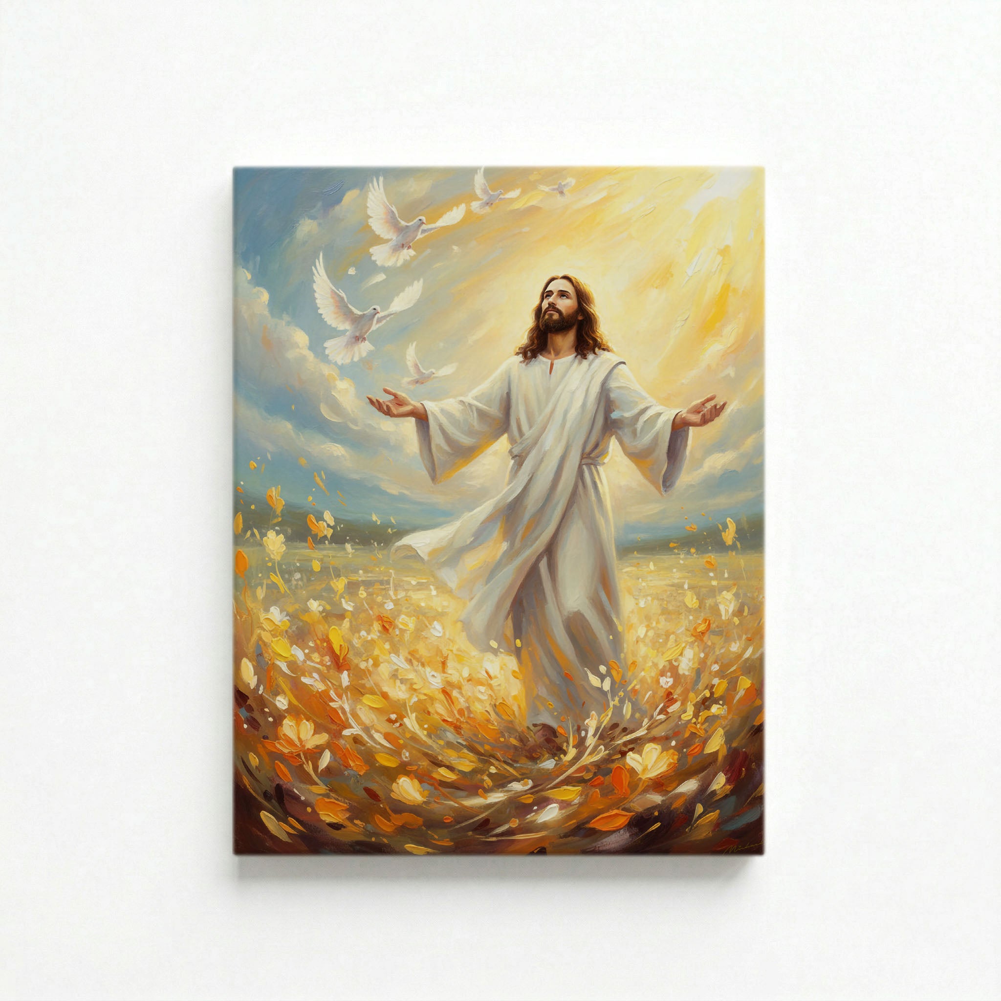 Vertical canvas of Jesus with open arms releasing white doves in golden field on white background