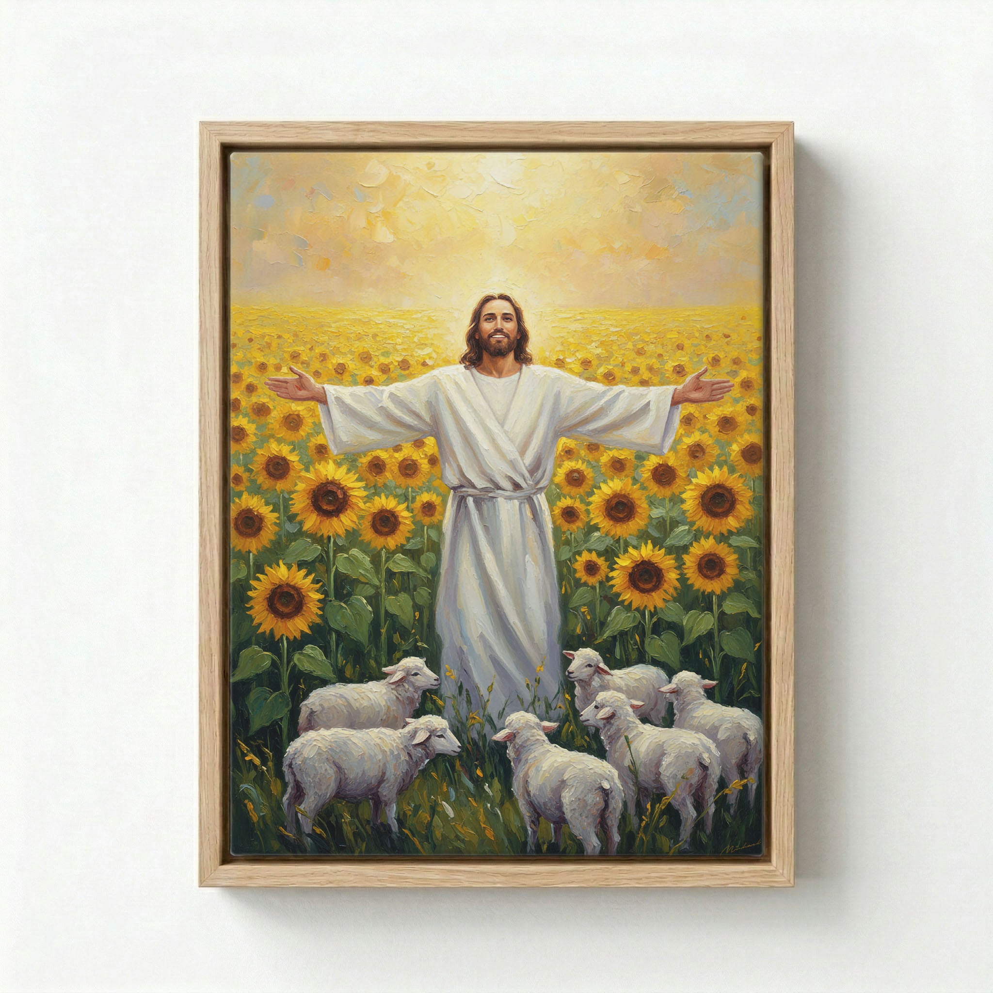 Canvas in natural wood floating frame with Jesus opening arms in a vibrant sunflower field with grazing sheep