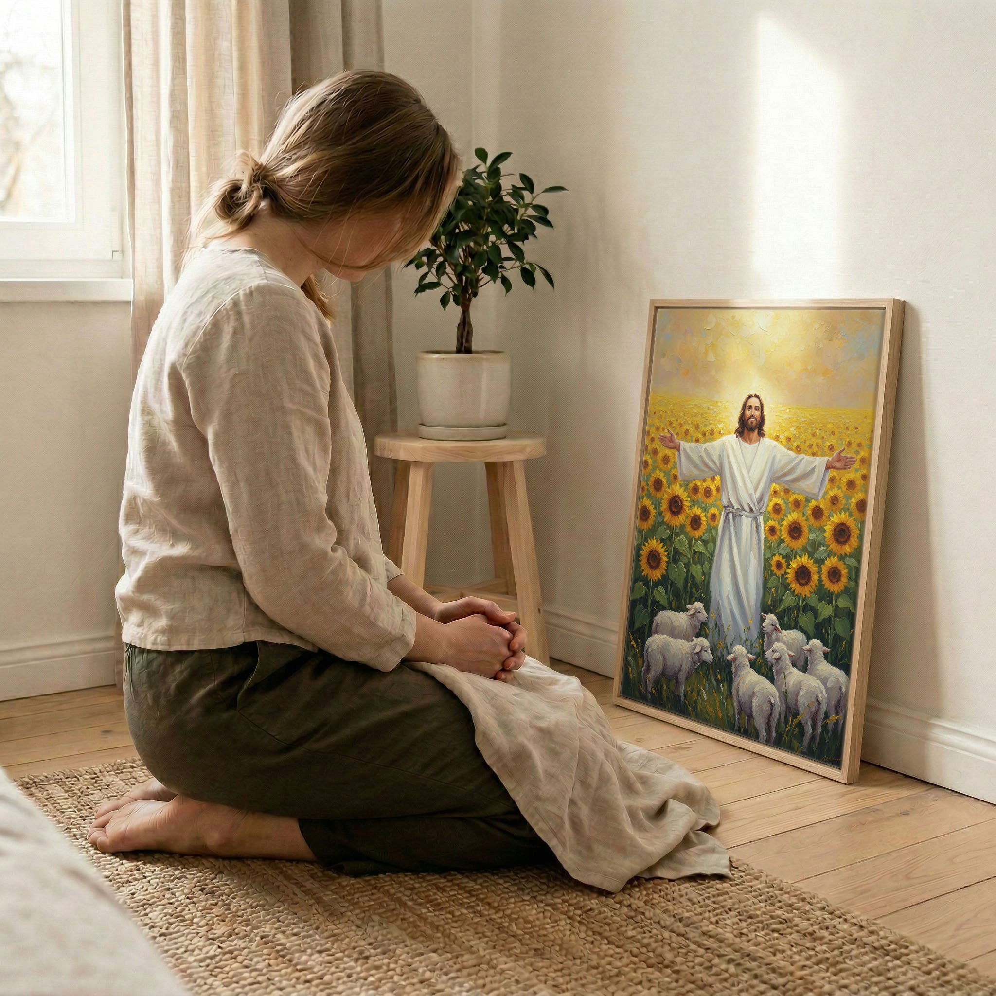 Woman kneeling in prayer beside Jesus sunflower field canvas in wood frame with soft indoor natural light