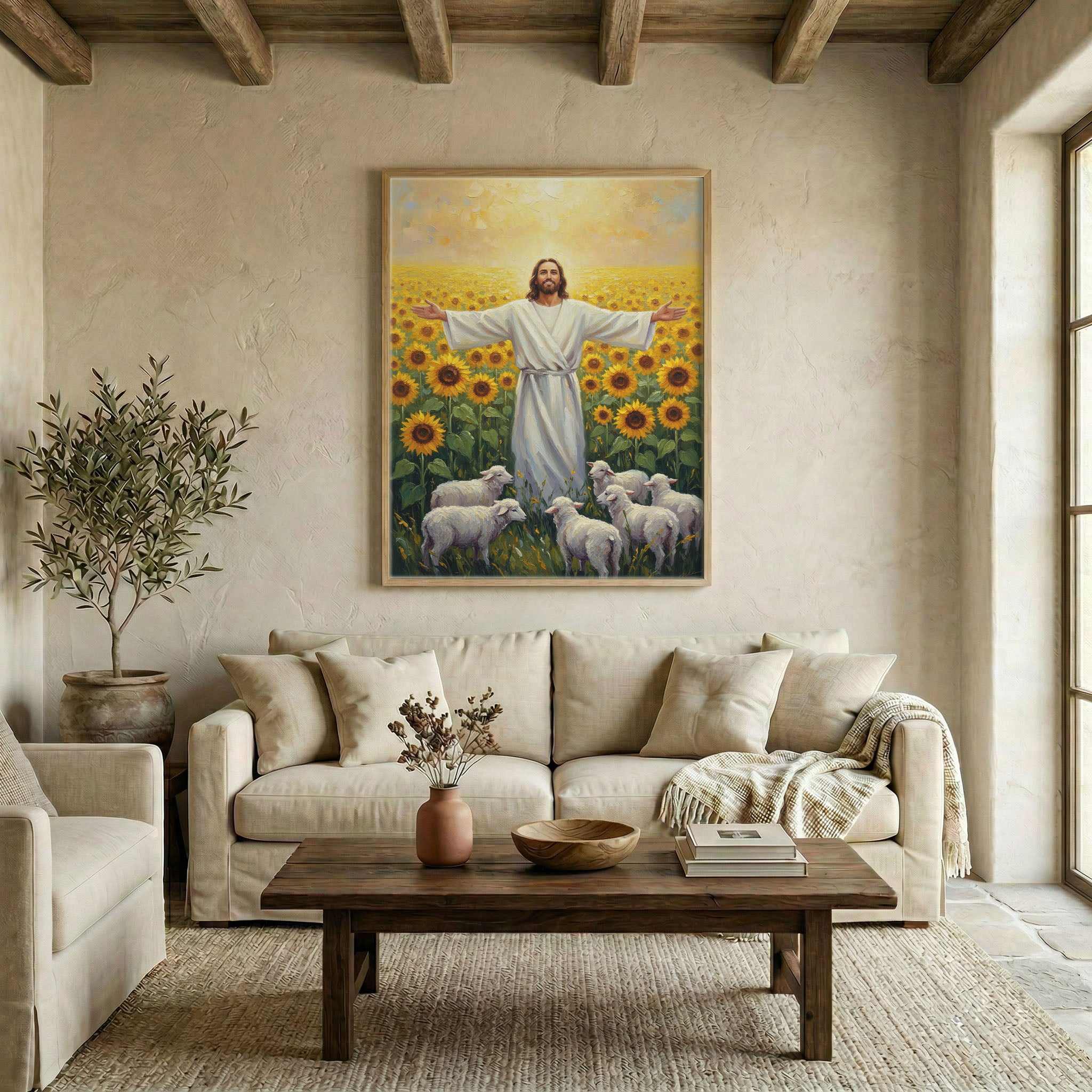Large Jesus sunflower and sheep canvas in wood frame above linen sofa in warm neutral living room