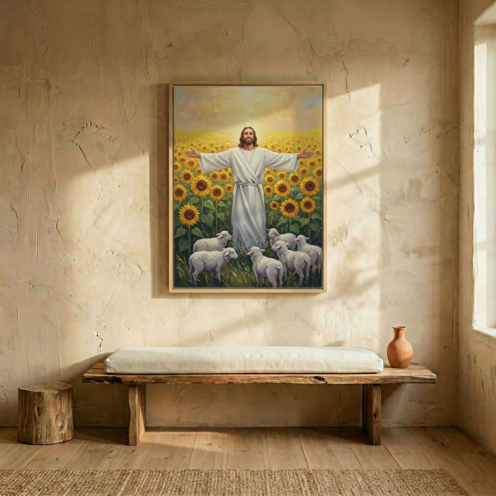 Jesus with open arms sunflower canvas in wood frame above rustic wooden bench in sunlit entryway