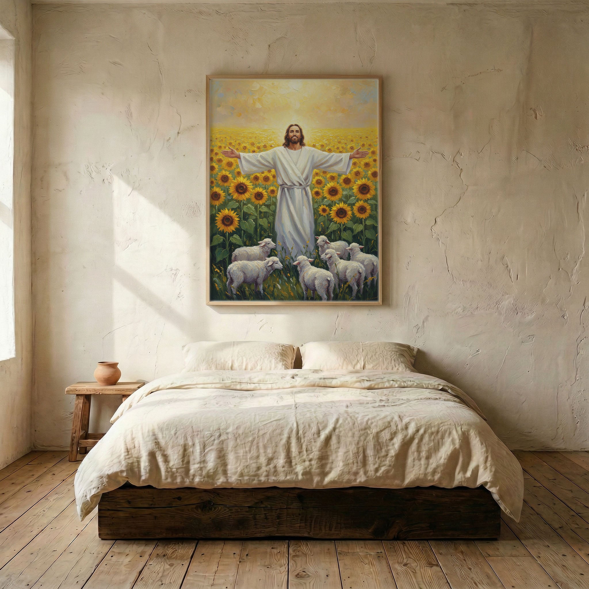 Jesus sunflower field canvas in wood frame mounted above linen platform bed in serene neutral bedroom