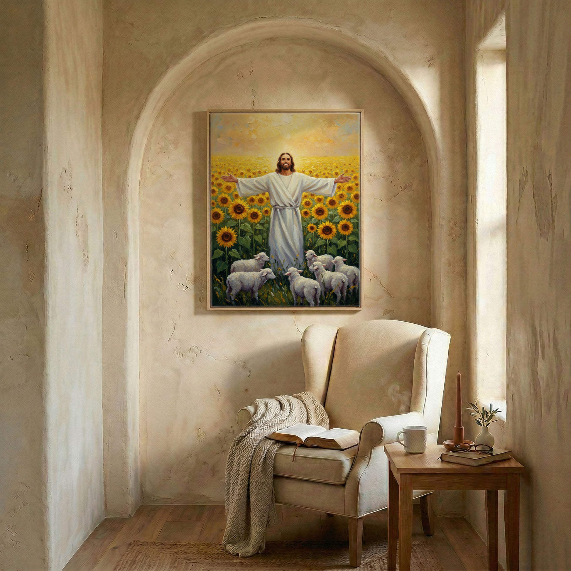 Jesus sunflower art in wood frame in arched alcove above wingback chair with open Bible and candle