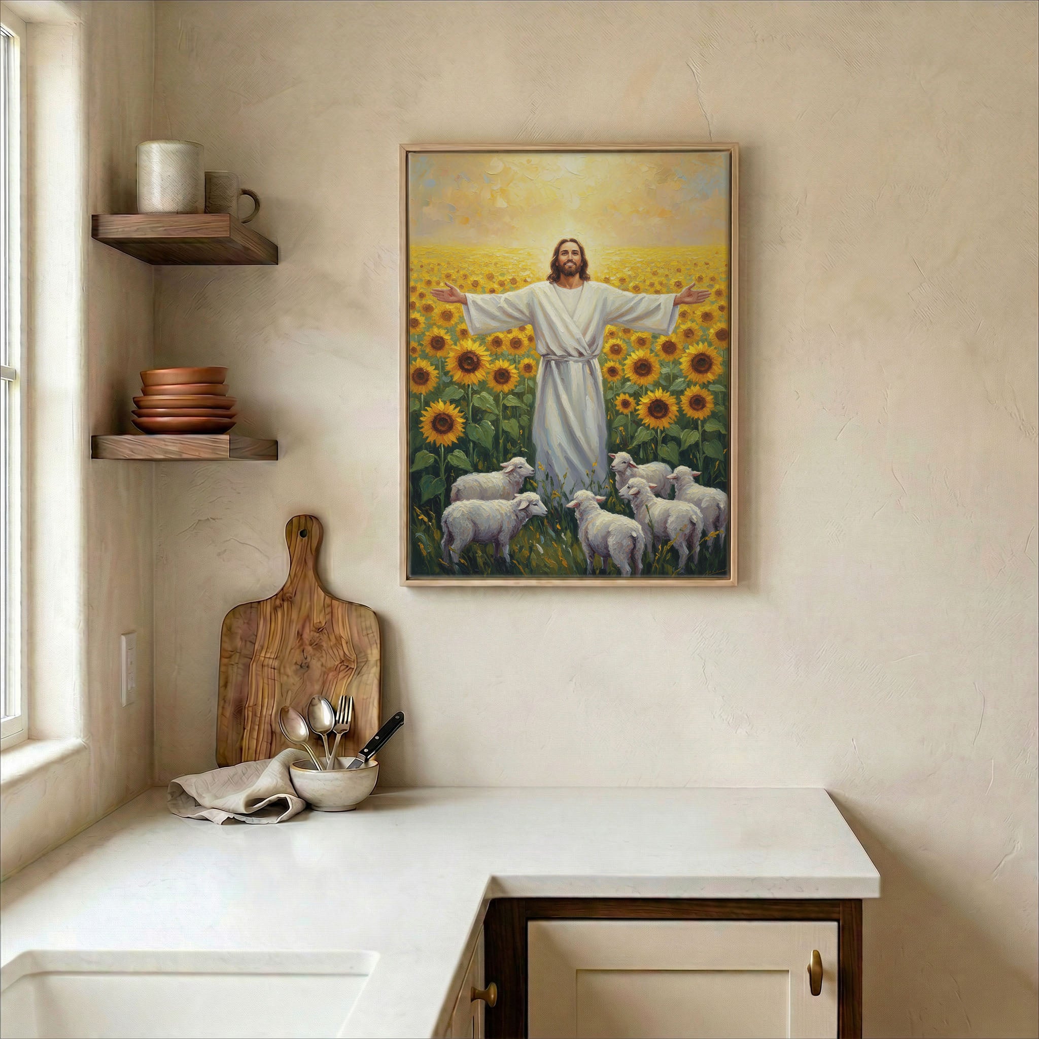 Jesus in sunflower field canvas in wood frame on kitchen wall in warm neutral farmhouse setting