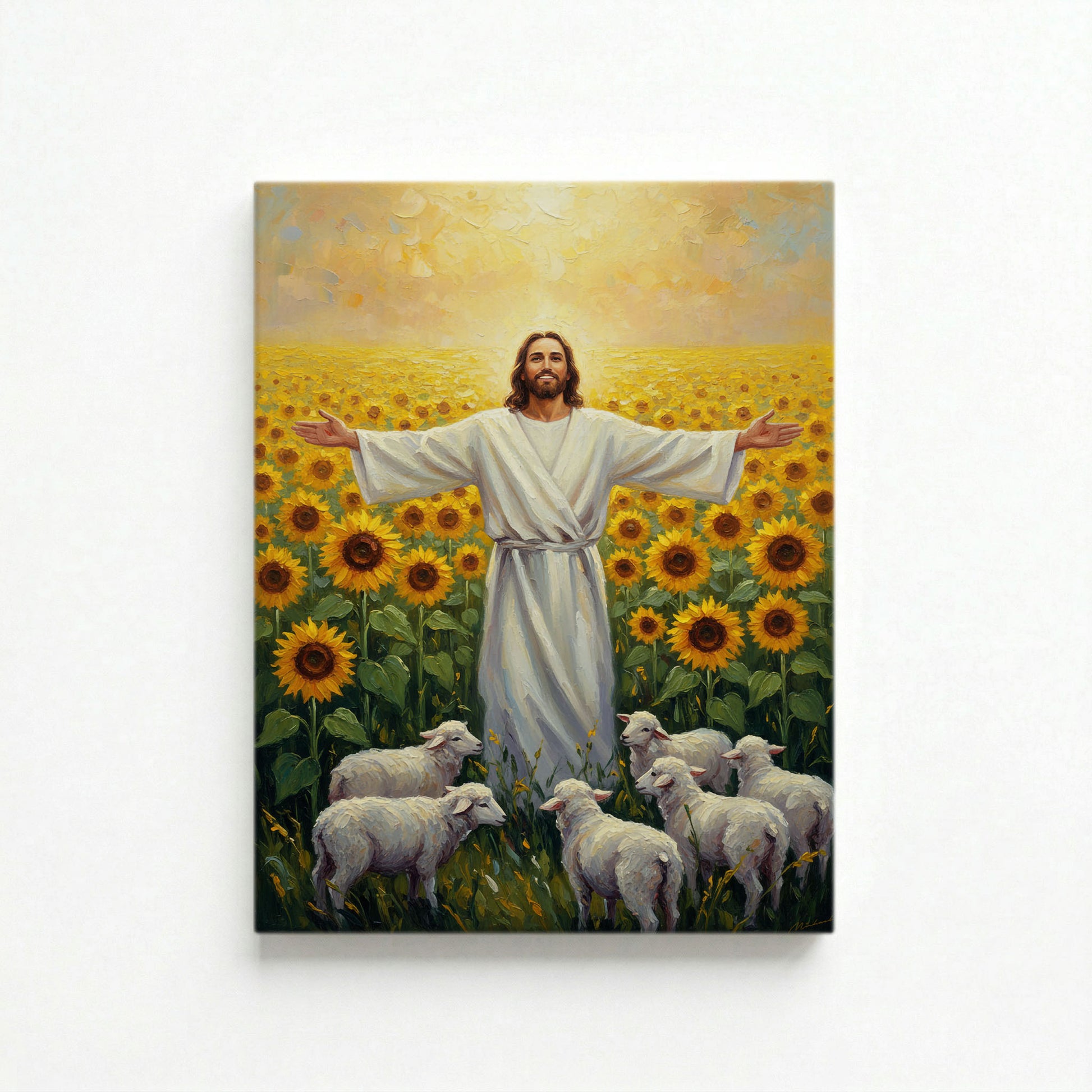Vertical canvas of Jesus with open arms in sunflower field with grazing sheep on white background