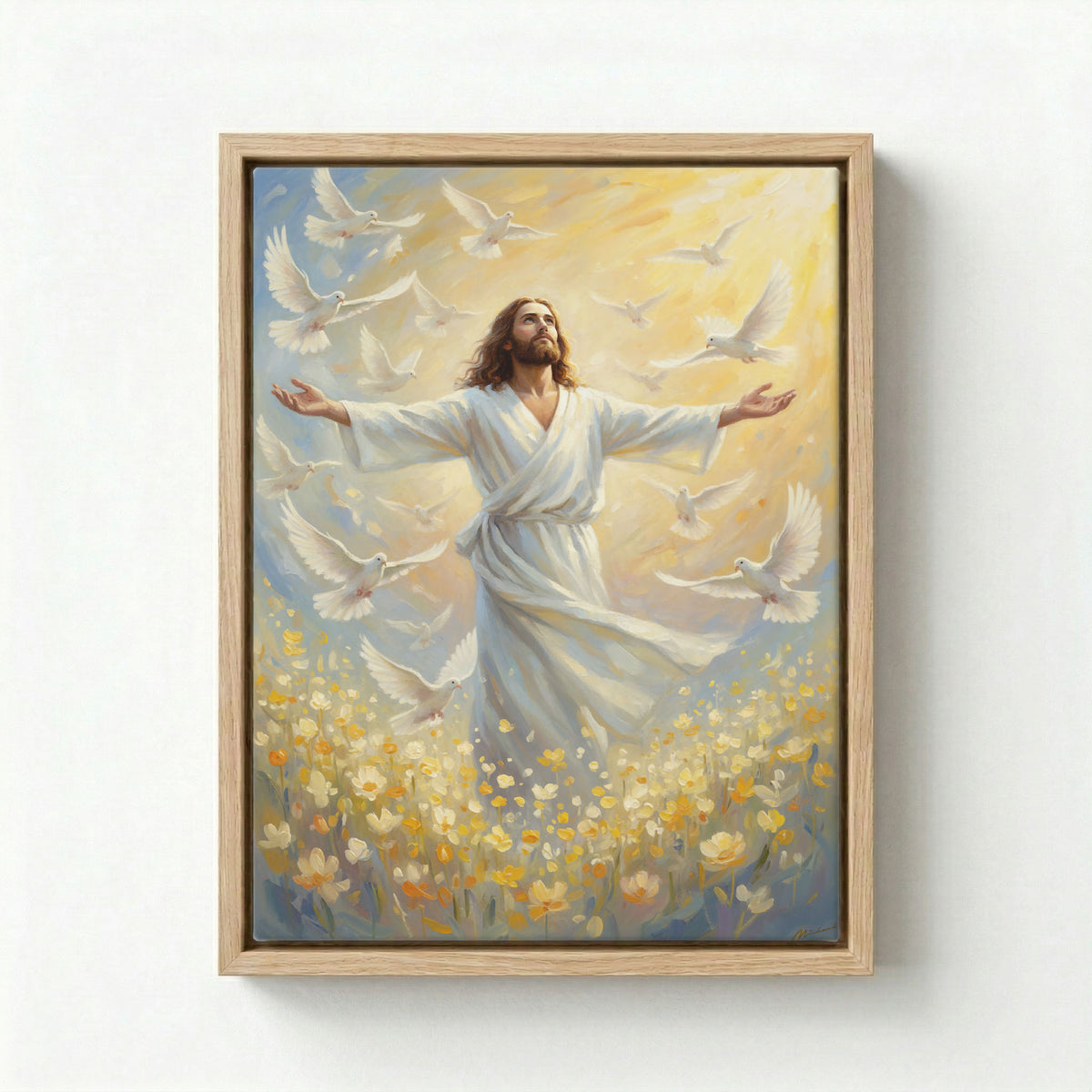 Canvas in natural wood floating frame with Jesus and white doves in a bright yellow flower field