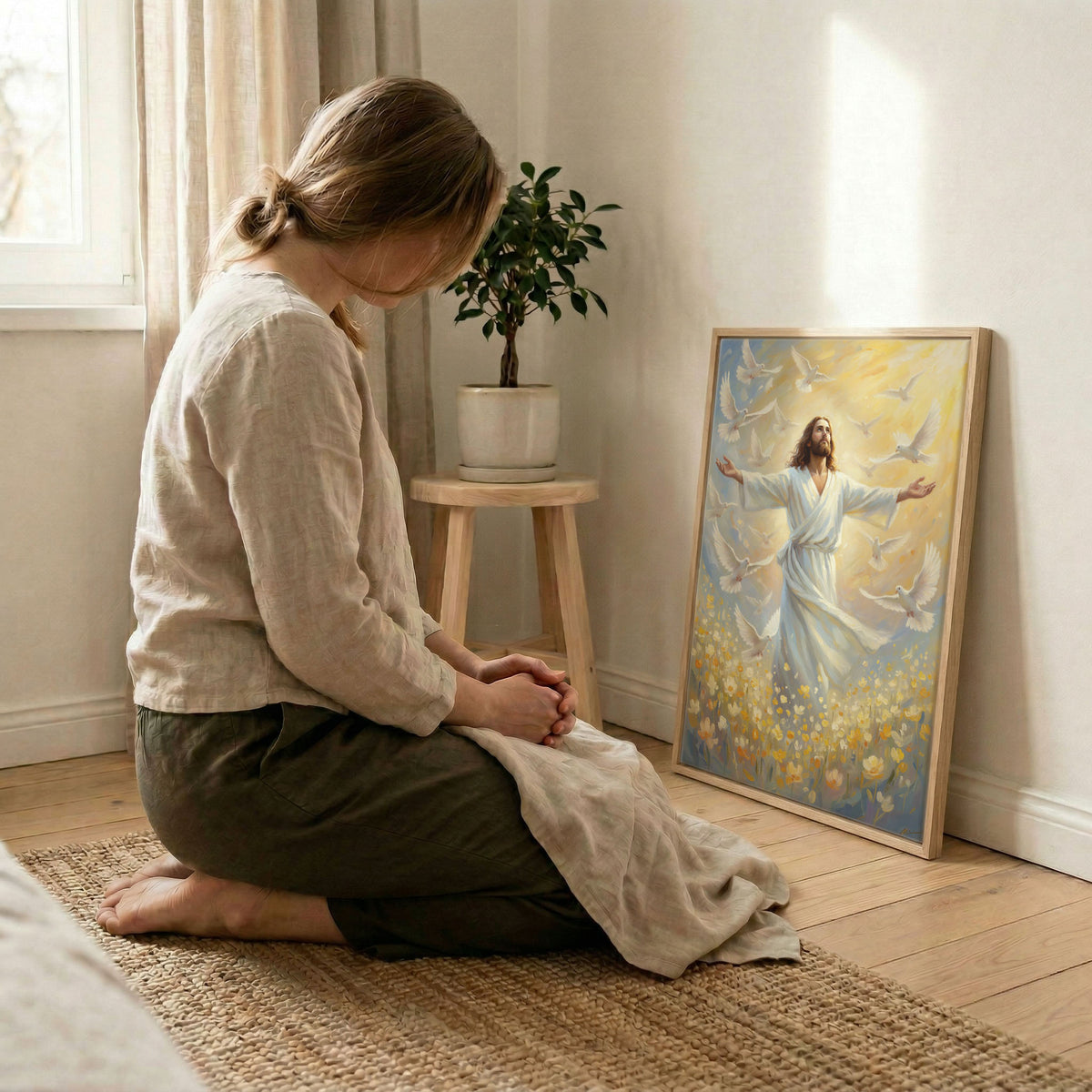 Woman kneeling in prayer beside Jesus with doves canvas in wood frame with soft indoor natural light