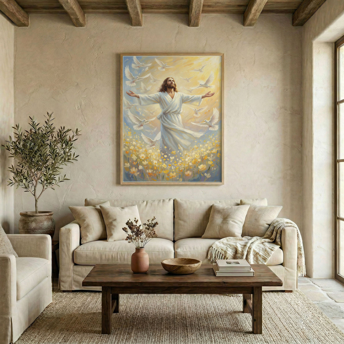 Large Jesus and Holy Spirit doves canvas in wood frame above linen sofa in warm neutral living room