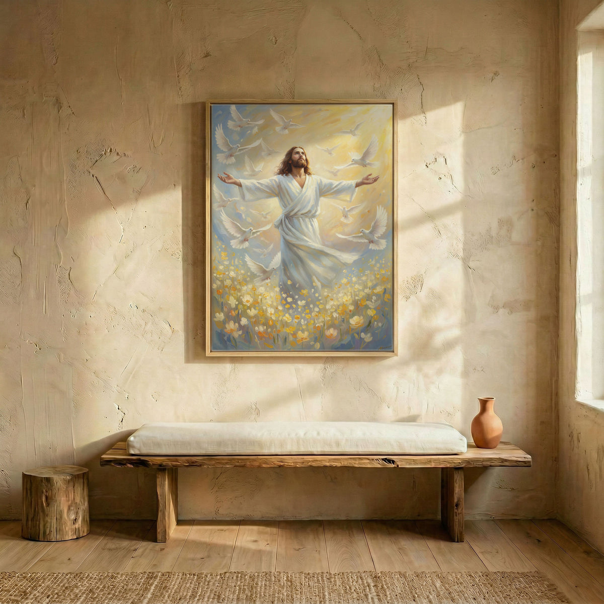 Jesus with open arms and doves canvas in wood frame above rustic wooden bench in sunlit entryway