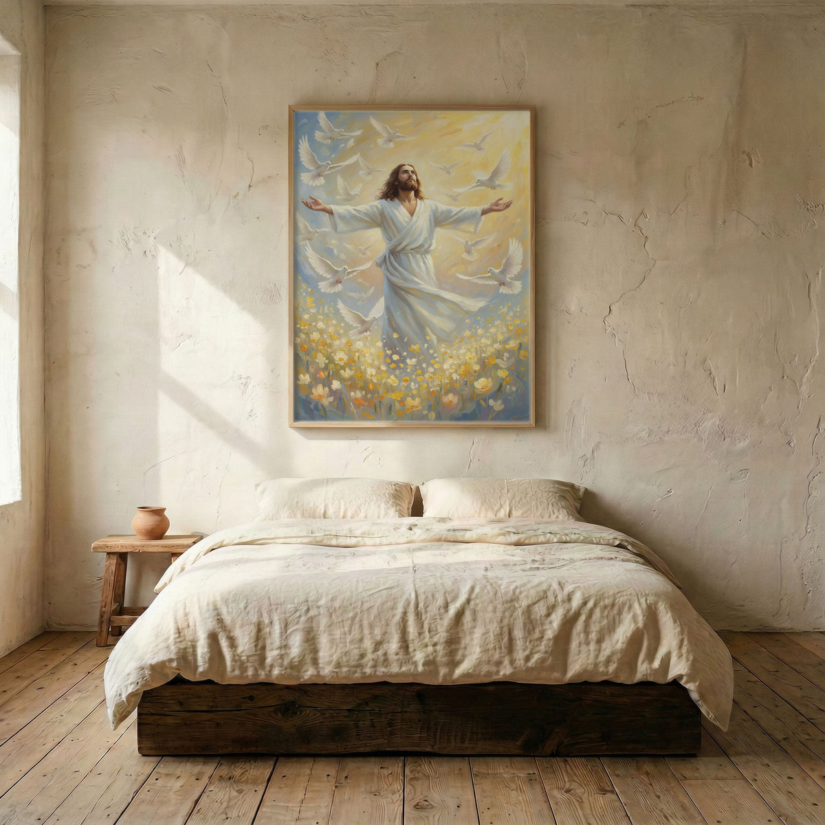 Jesus flower field and doves canvas in wood frame mounted above linen platform bed in serene bedroom