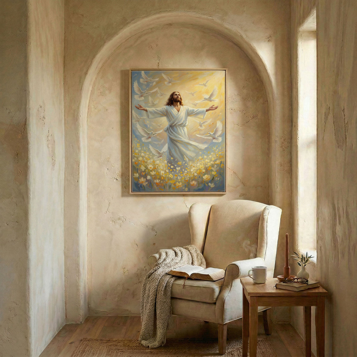 Jesus and white doves art in wood frame in arched alcove above wingback chair with open Bible