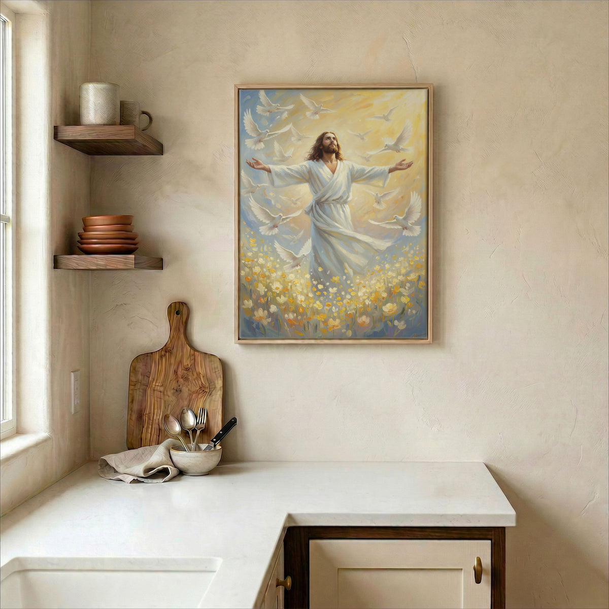 Jesus with doves in yellow flower field canvas in wood frame on kitchen wall in neutral farmhouse