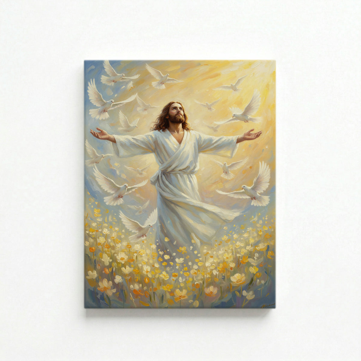 Vertical canvas of Jesus with open arms surrounded by white doves in yellow flower field on white background