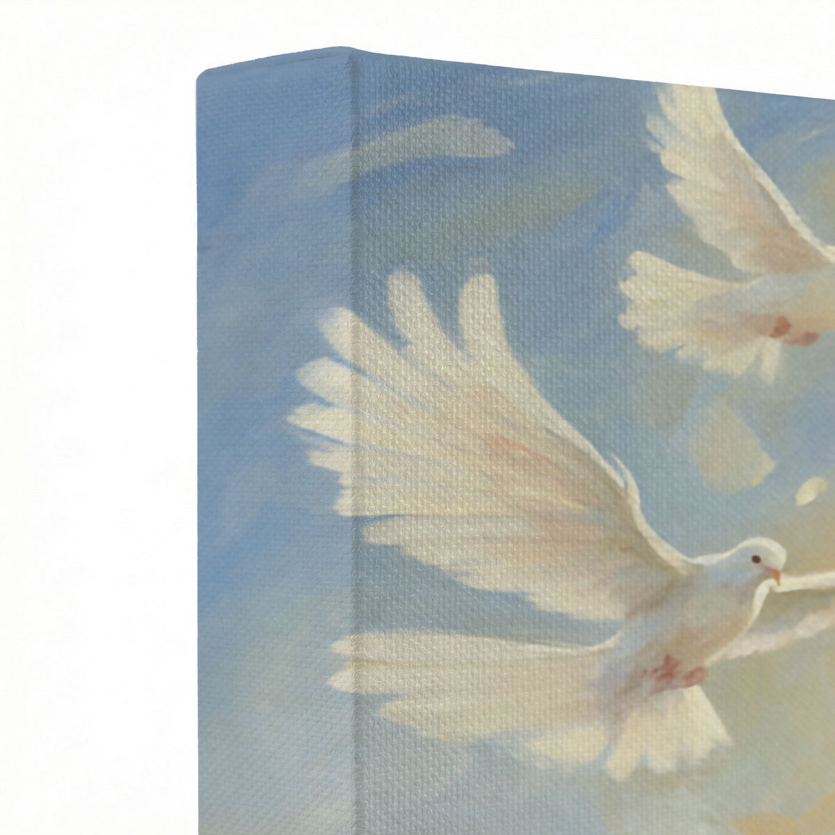 Close-up of Jesus and doves canvas print showing thick oil painting texture and soft white feather details