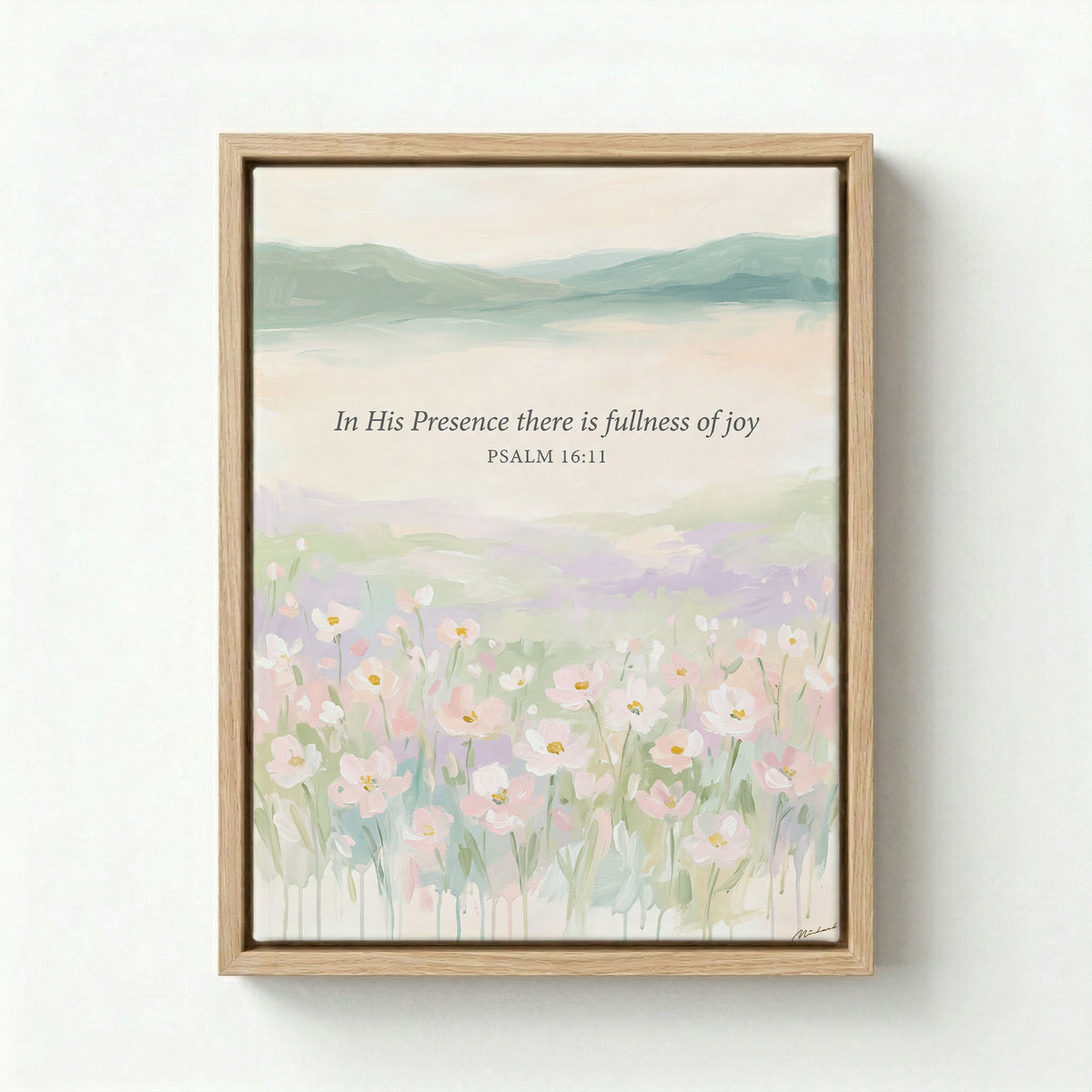 Canvas in natural wood floating frame with Psalm 16:11 scripture and pastel watercolor flowers on light wall