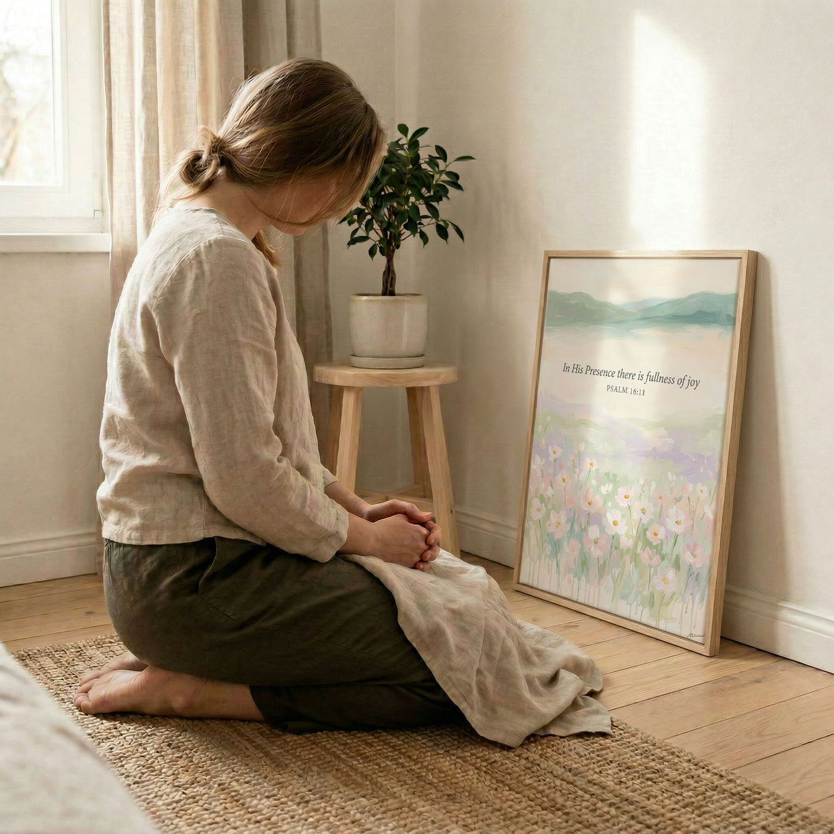 Woman kneeling in prayer beside Psalm 16:11 floral canvas in wood frame with soft indoor natural light
