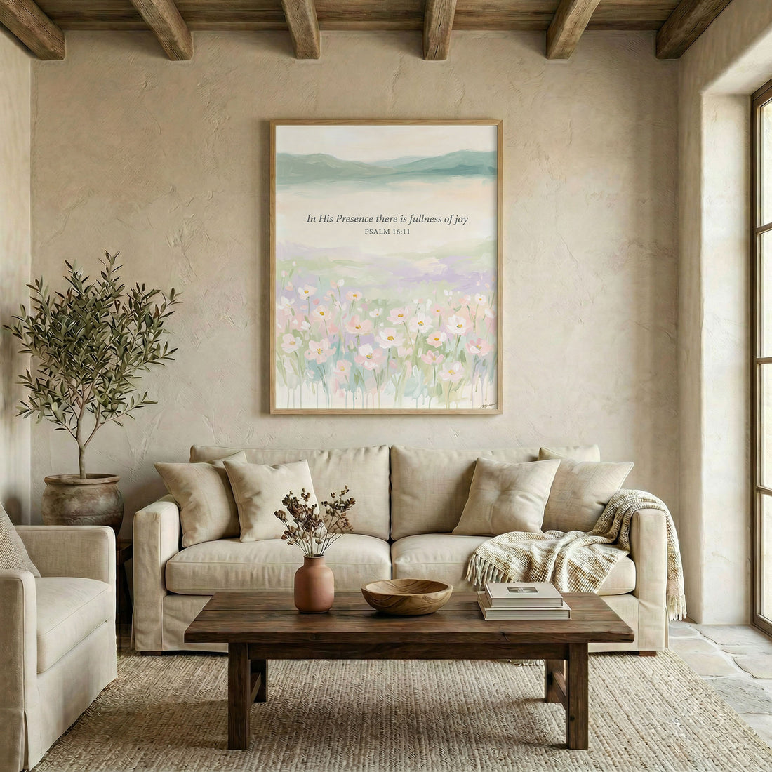 Canvas in natural wood floating frame with Psalm 16:11 scripture and pastel watercolor flowers on light wall