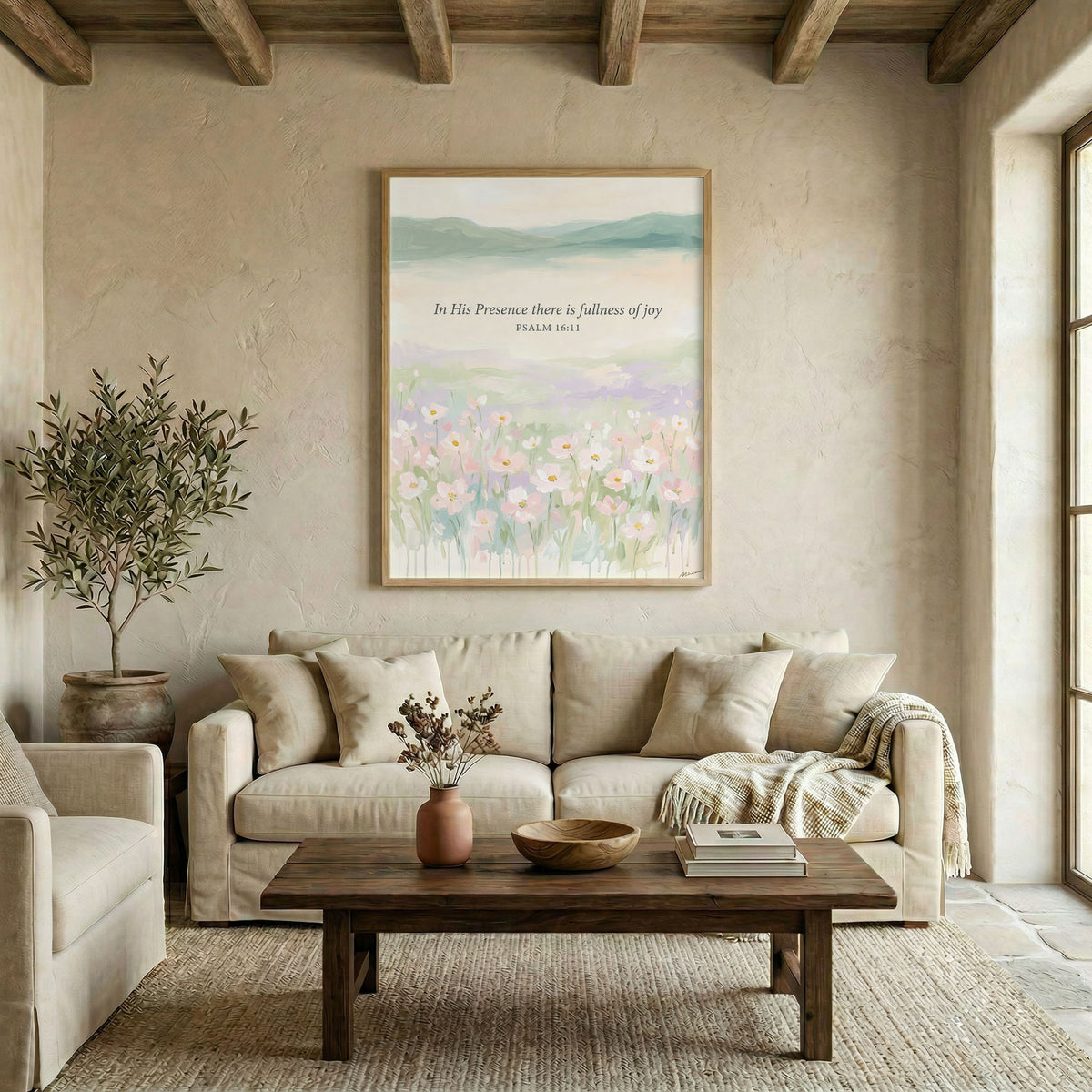 Large Psalm 16:11 scripture floral canvas in wood frame above linen sofa in warm neutral living room