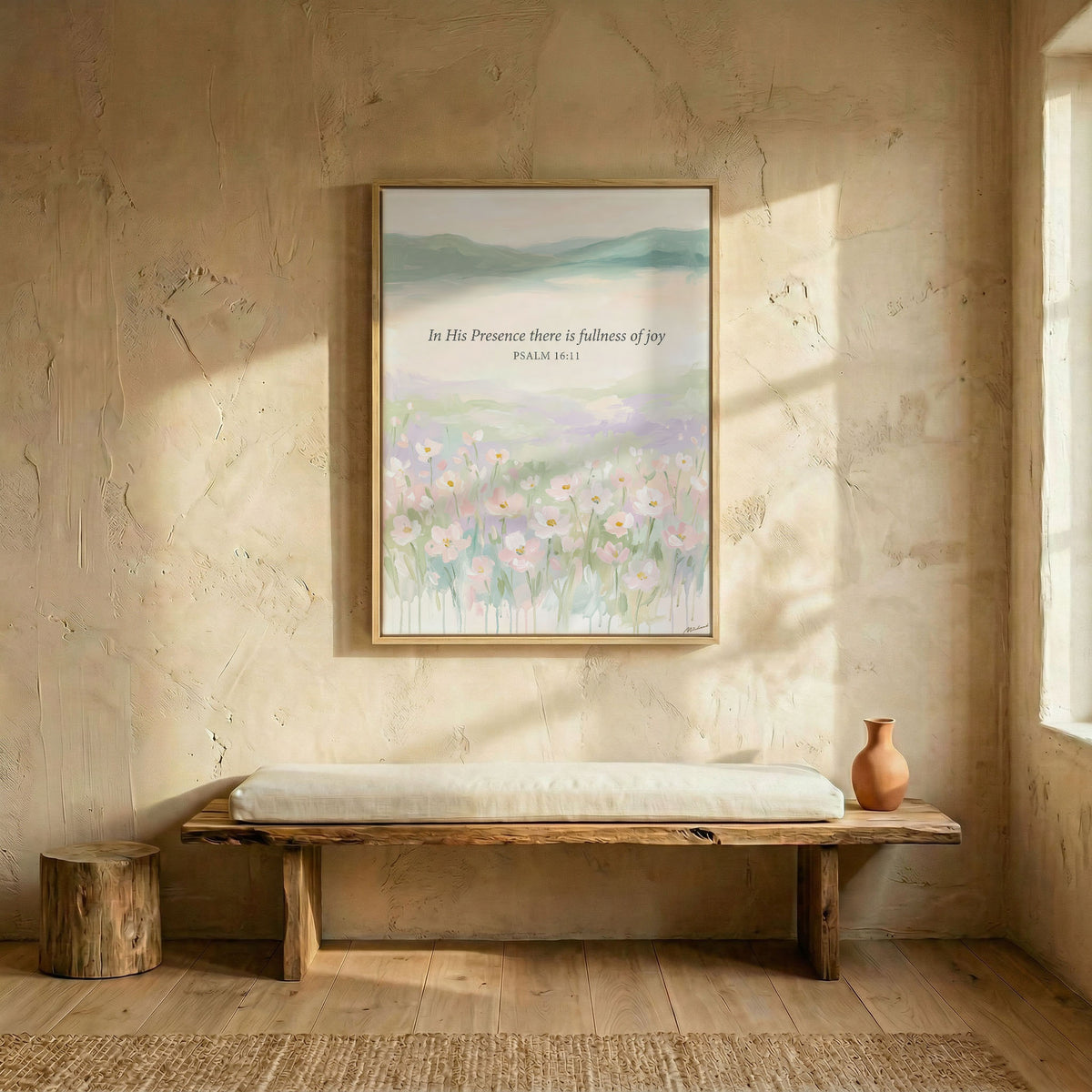 Psalm 16:11 fullness of joy canvas in wood frame above rustic wooden bench in sunlit minimalist entryway