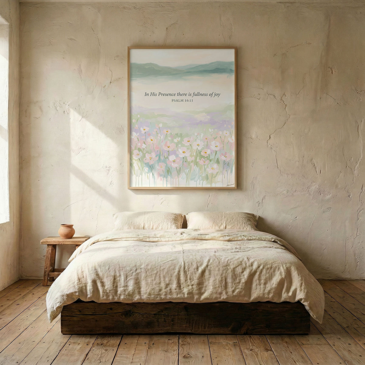 Psalm 16:11 floral scripture canvas in wood frame mounted above linen platform bed in serene bedroom