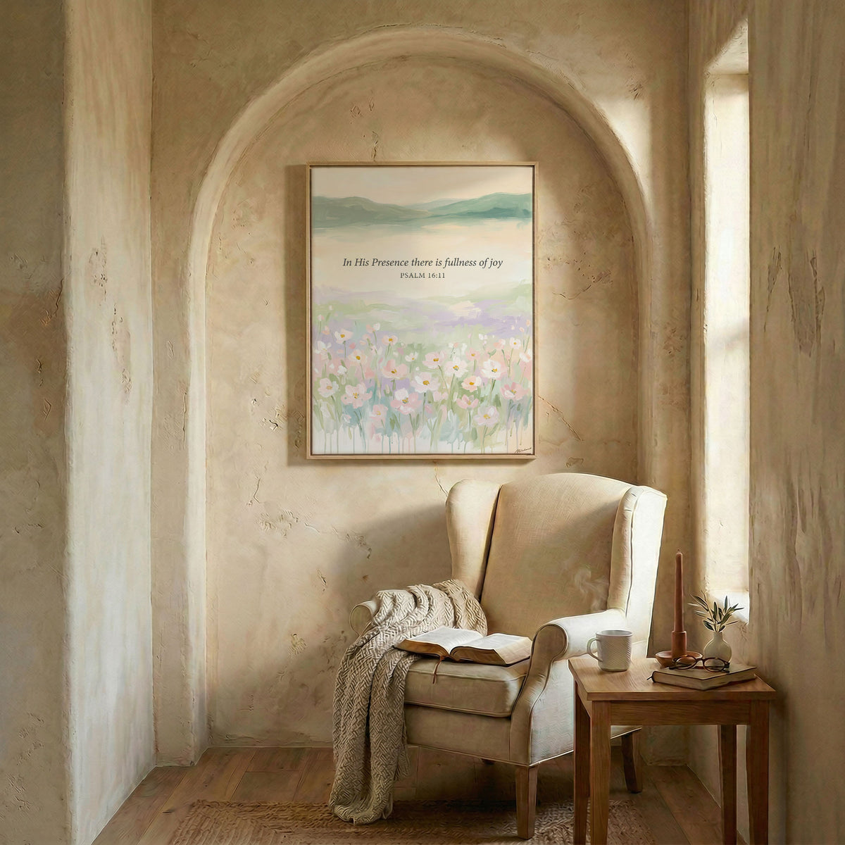 Psalm 16:11 floral canvas in wood frame in arched alcove above wingback chair with open Bible and candle