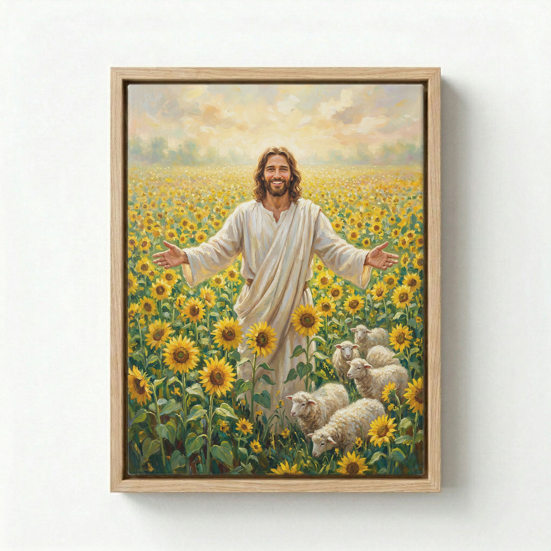 Canvas in natural wood floating frame with smiling Jesus in a vibrant sunflower field with lambs