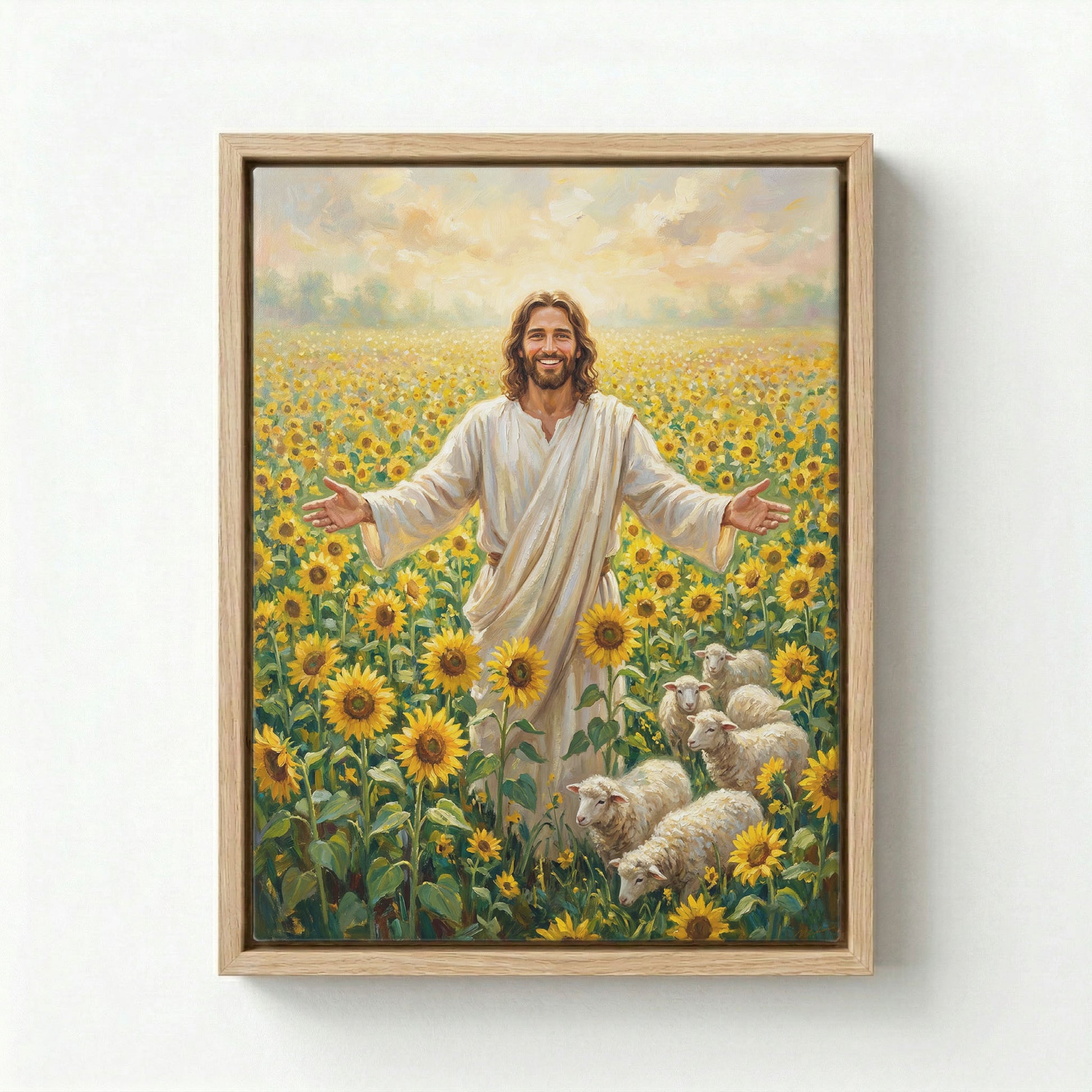 Canvas in natural wood floating frame with smiling Jesus in a vibrant sunflower field with lambs